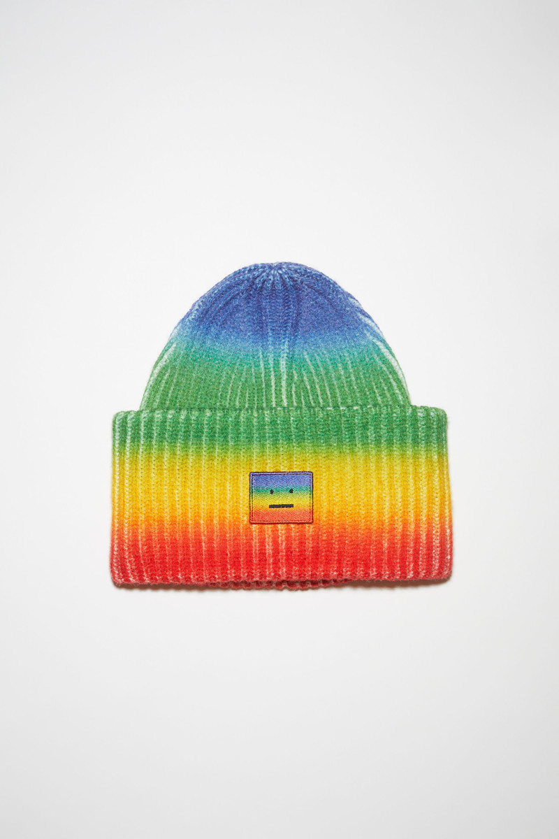 Rainbow knit beanie hat - Coral red/green 1