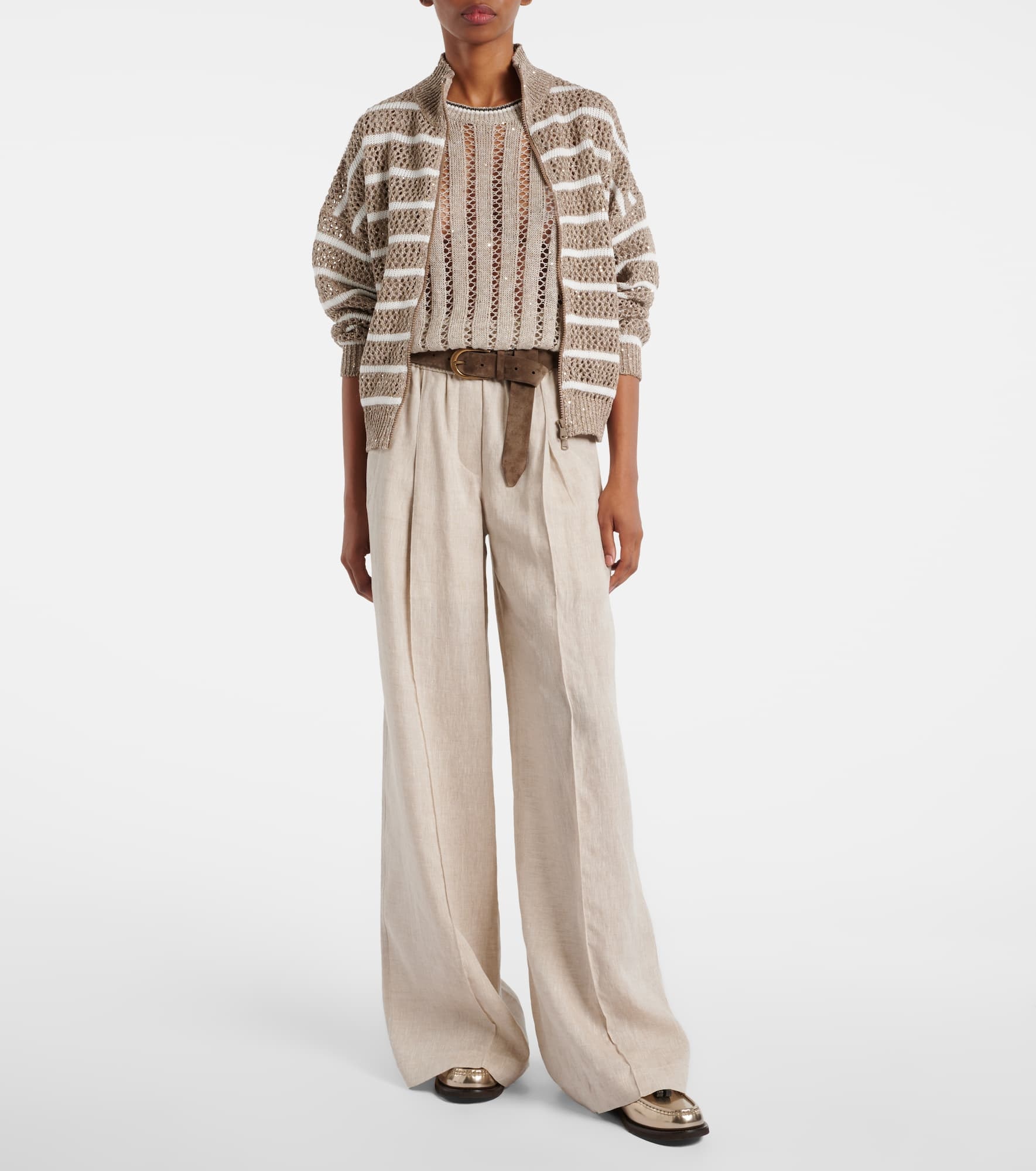 Sequined striped linen-blend cardigan - 2