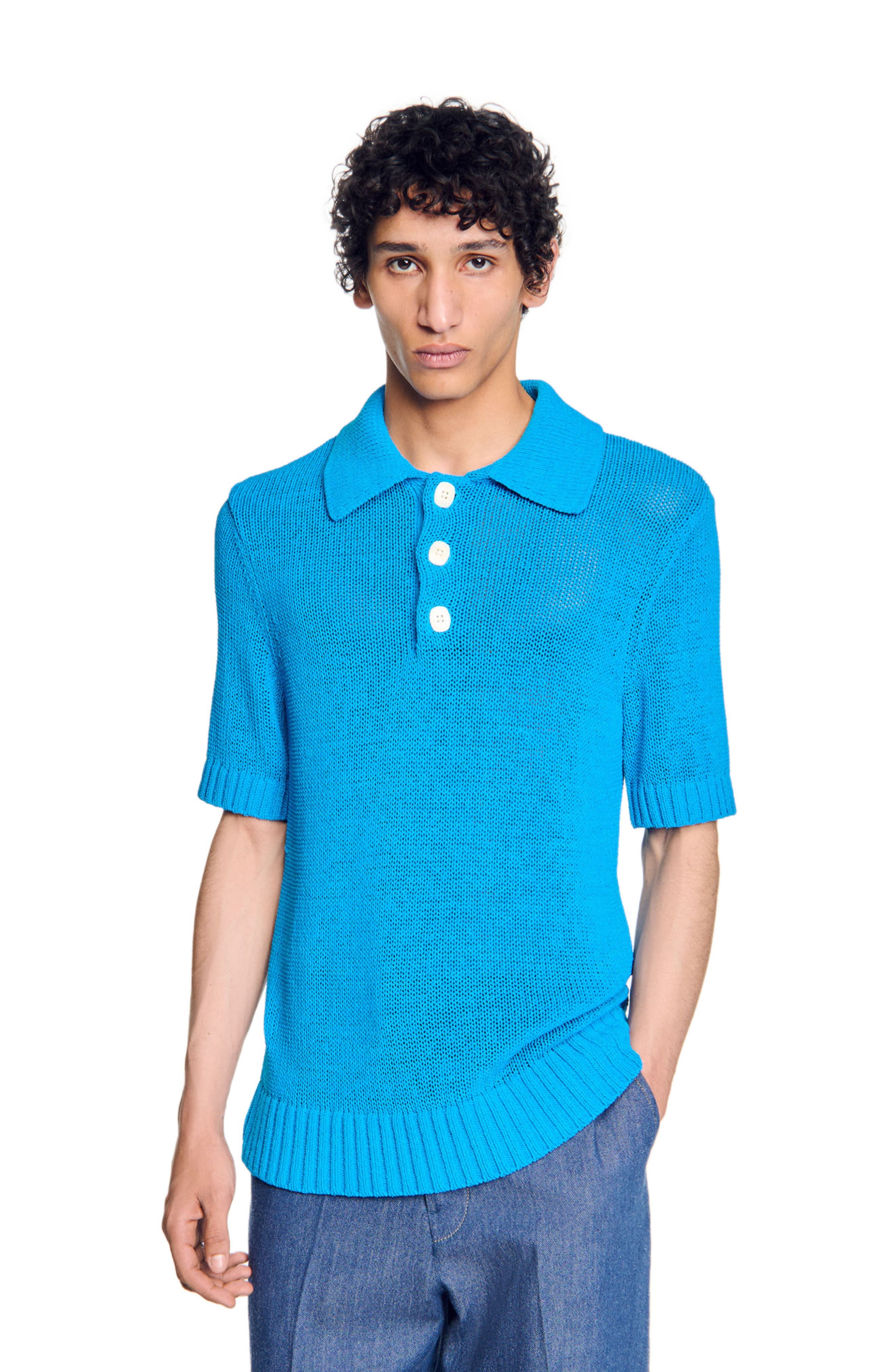 SANDRO Knit polo shirt in Azur. at Nordstrom - 3