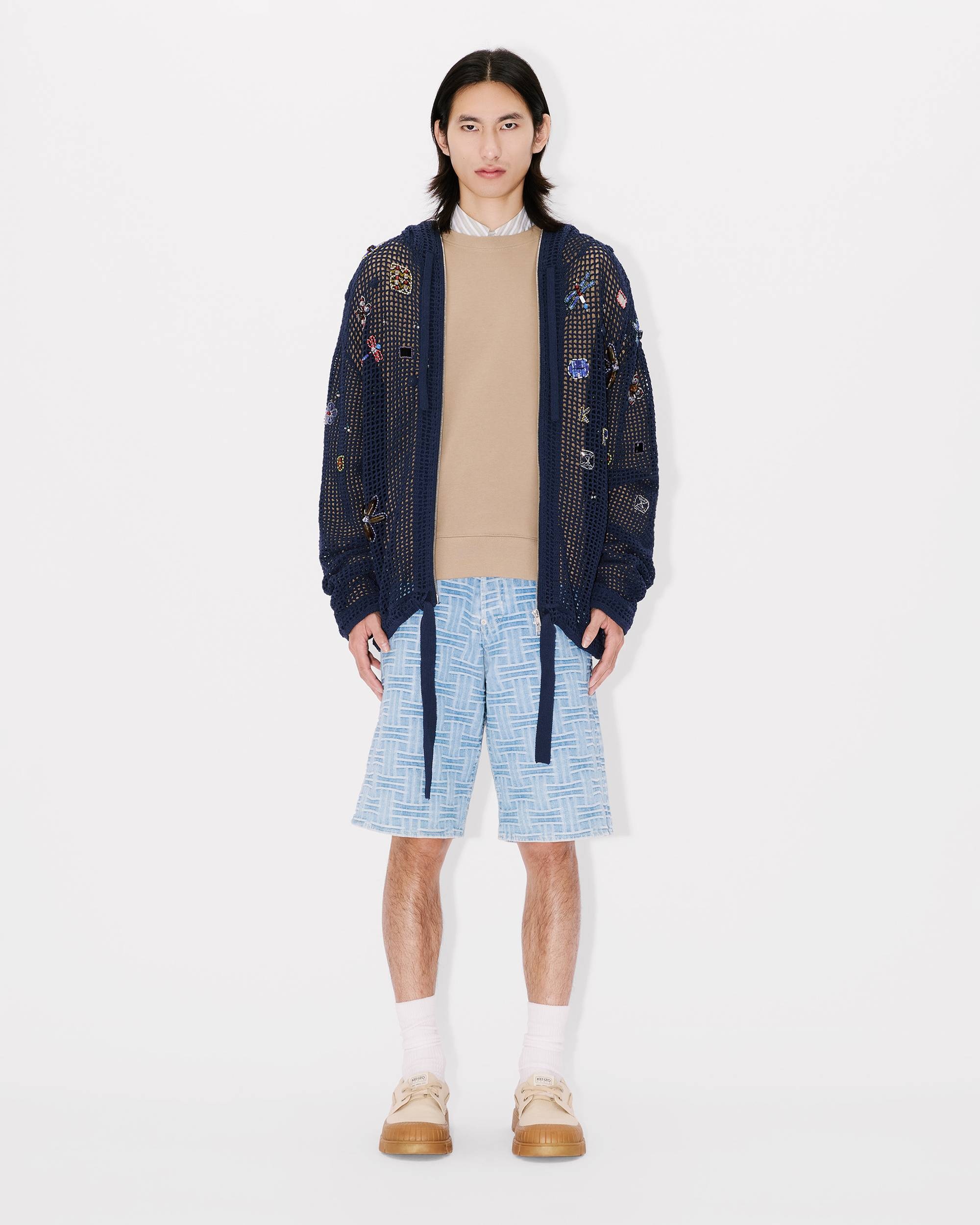 Oversized embroidered zip-up knitted hooded sweatshirt in cotton mesh - 7