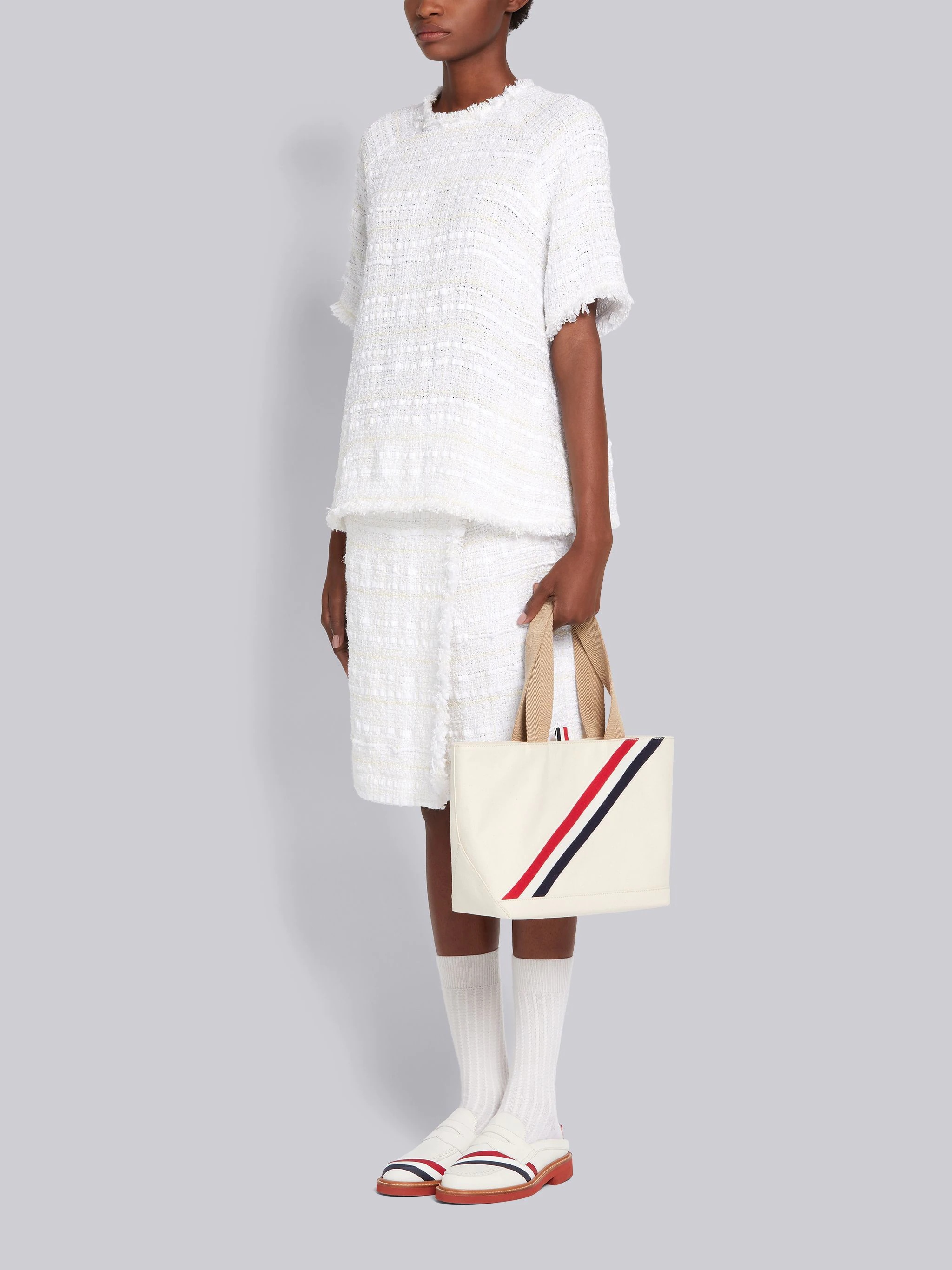 Beige Cotton Canvas Diagonal Stripe Small Tool Tote - 6