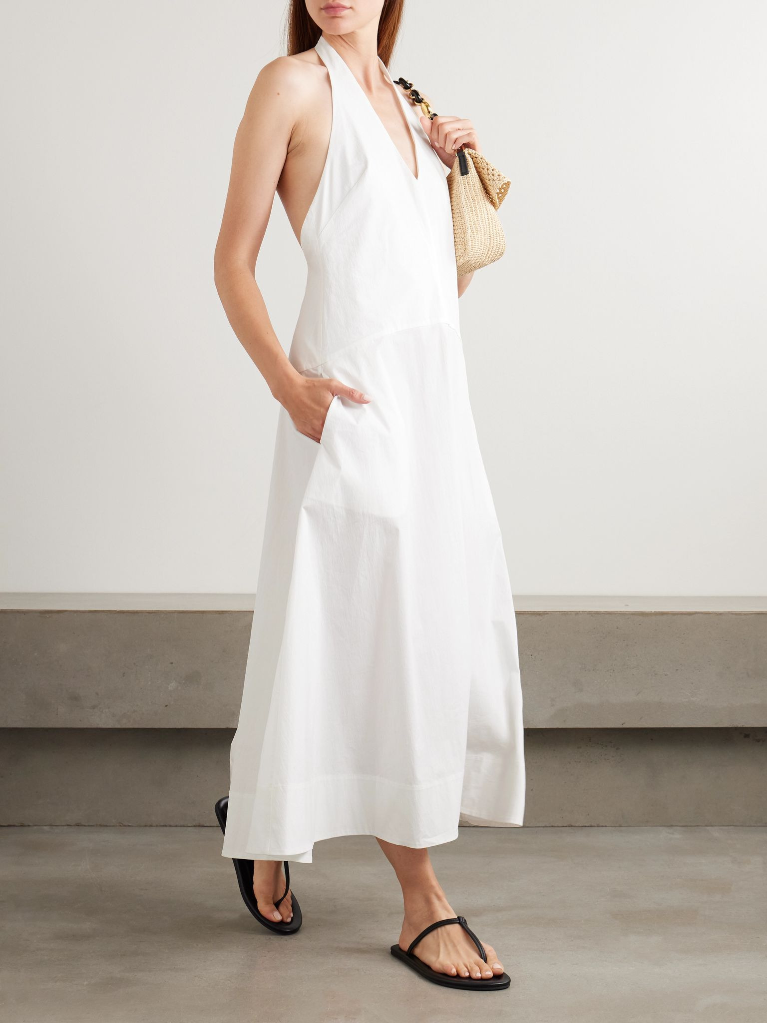 Crinkled cotton-blend poplin halterneck maxi dress White - 2