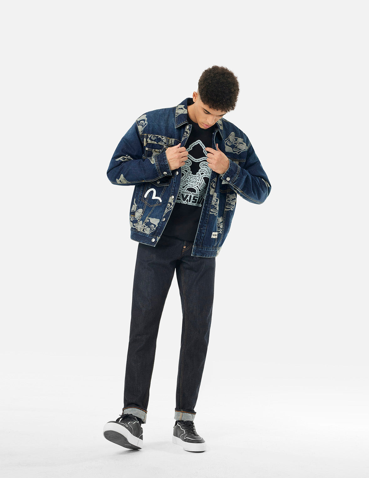 Allover Godhead Jacquard and Seagull Embroidery Loose Fit Deconstructive Denim Jacket - 5
