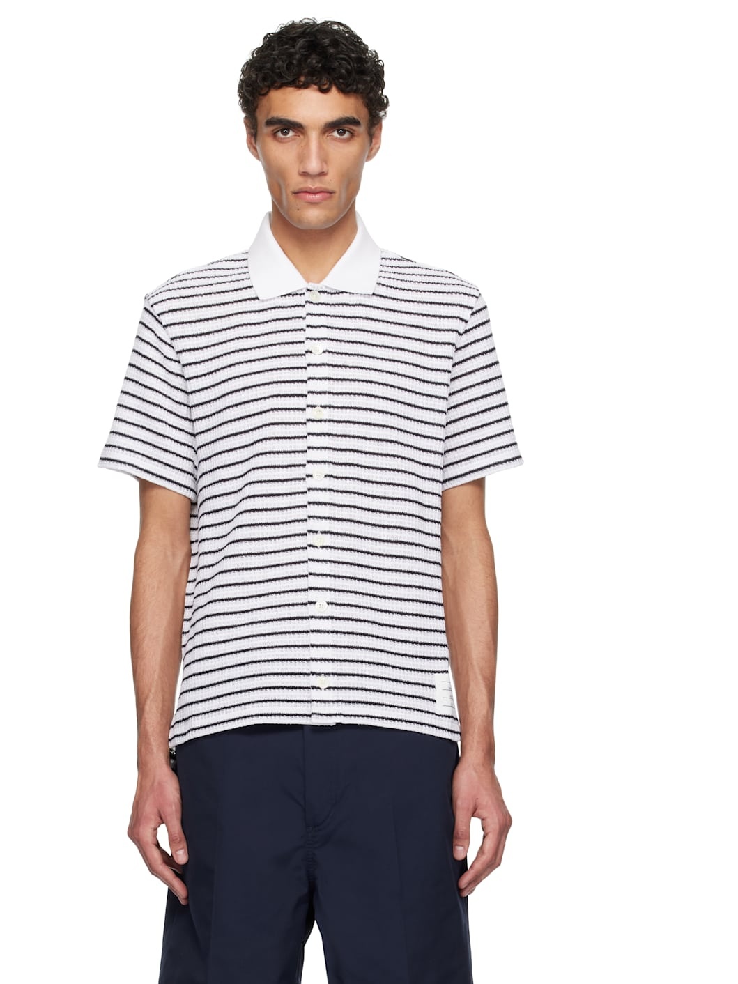 White & Navy Short Sleeve Button Down Shirt - 1