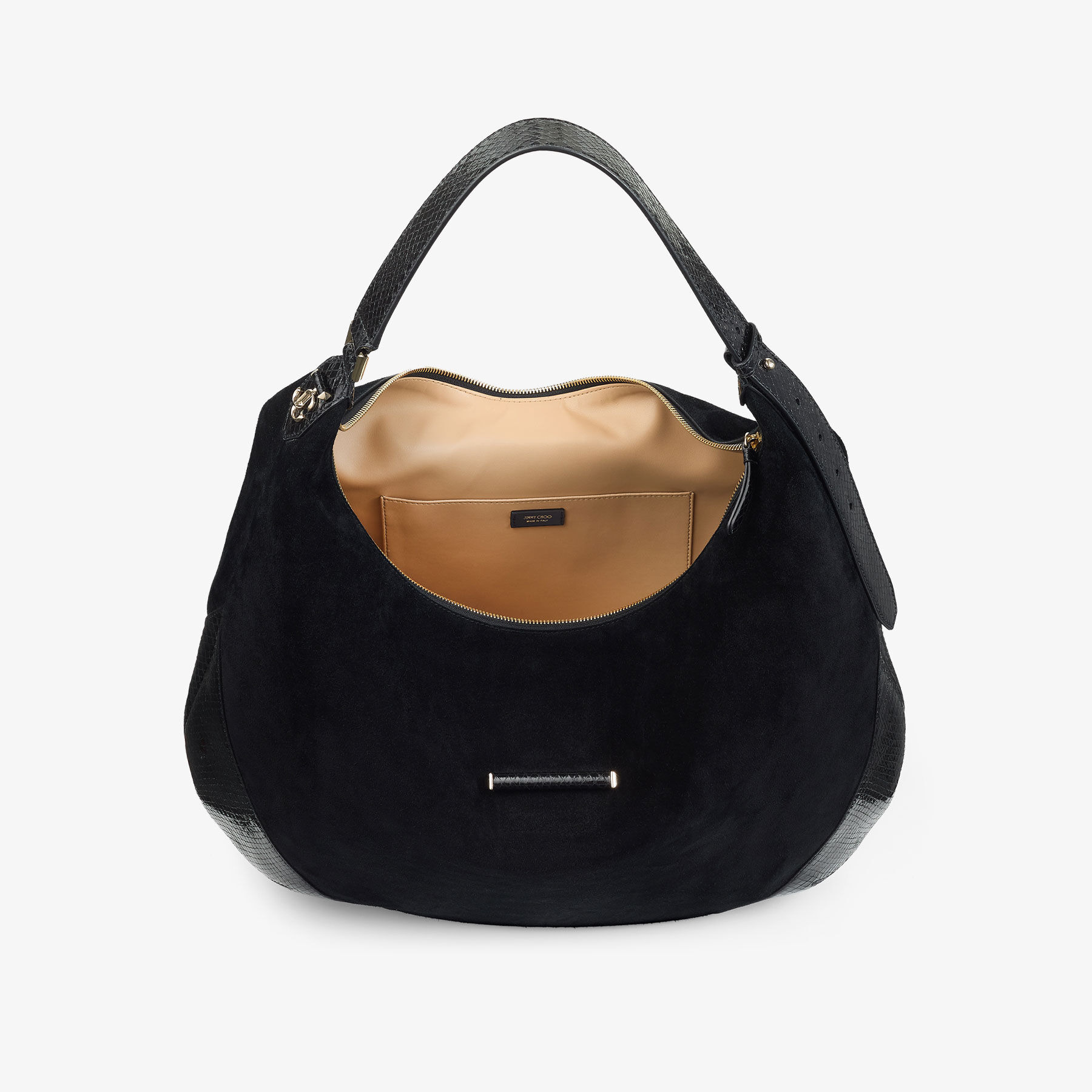 Bar Hobo L
Black Suede Shoulder Bag with Shiny Snake Printed Leather Trims - 4