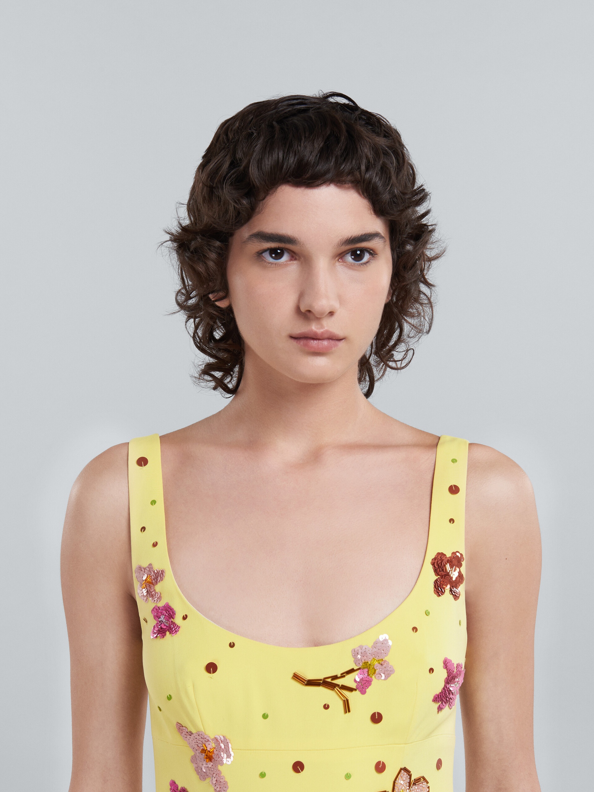 YELLOW CADY LONG DRESS WITH SEQUINS - 4