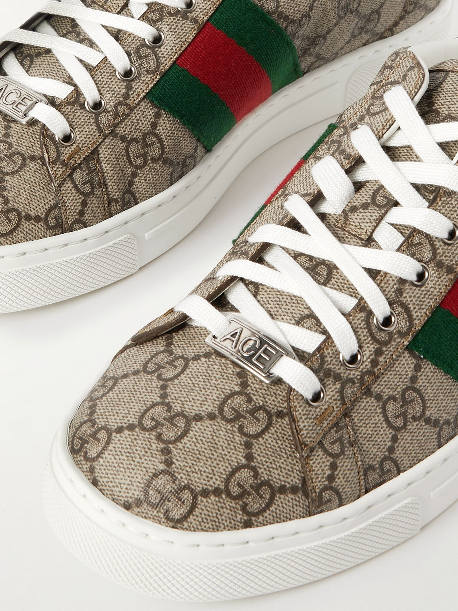 Ace Leather and Webbing-Trimmed Monogrammed Canvas Sneakers Brown - 6