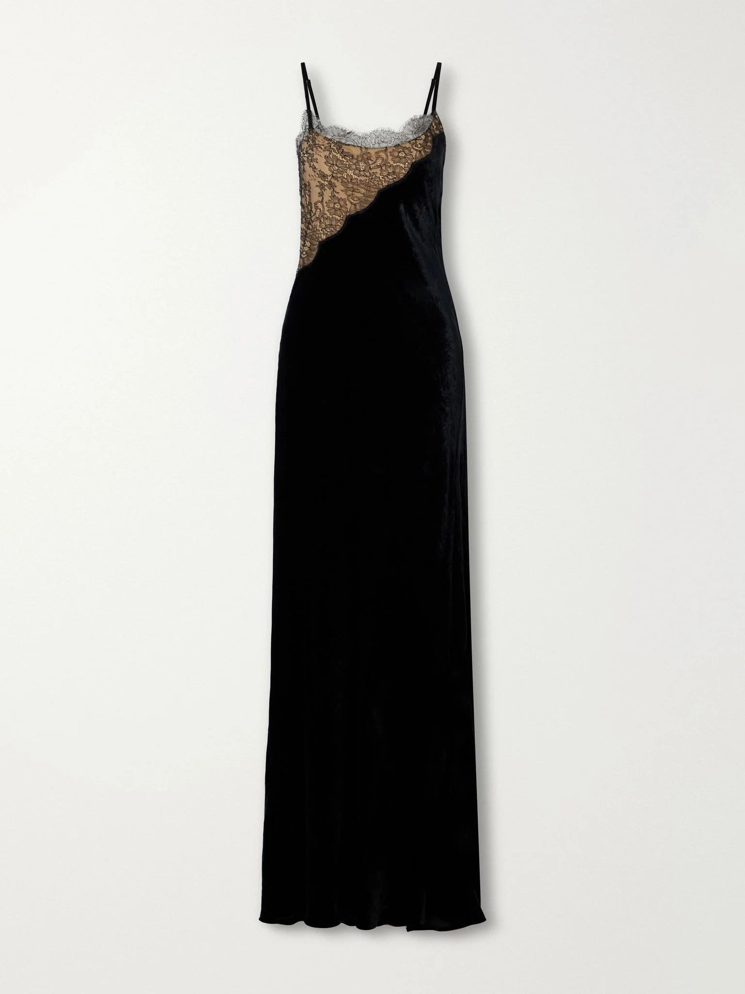 Lace-trimmed velvet gown Black - 1