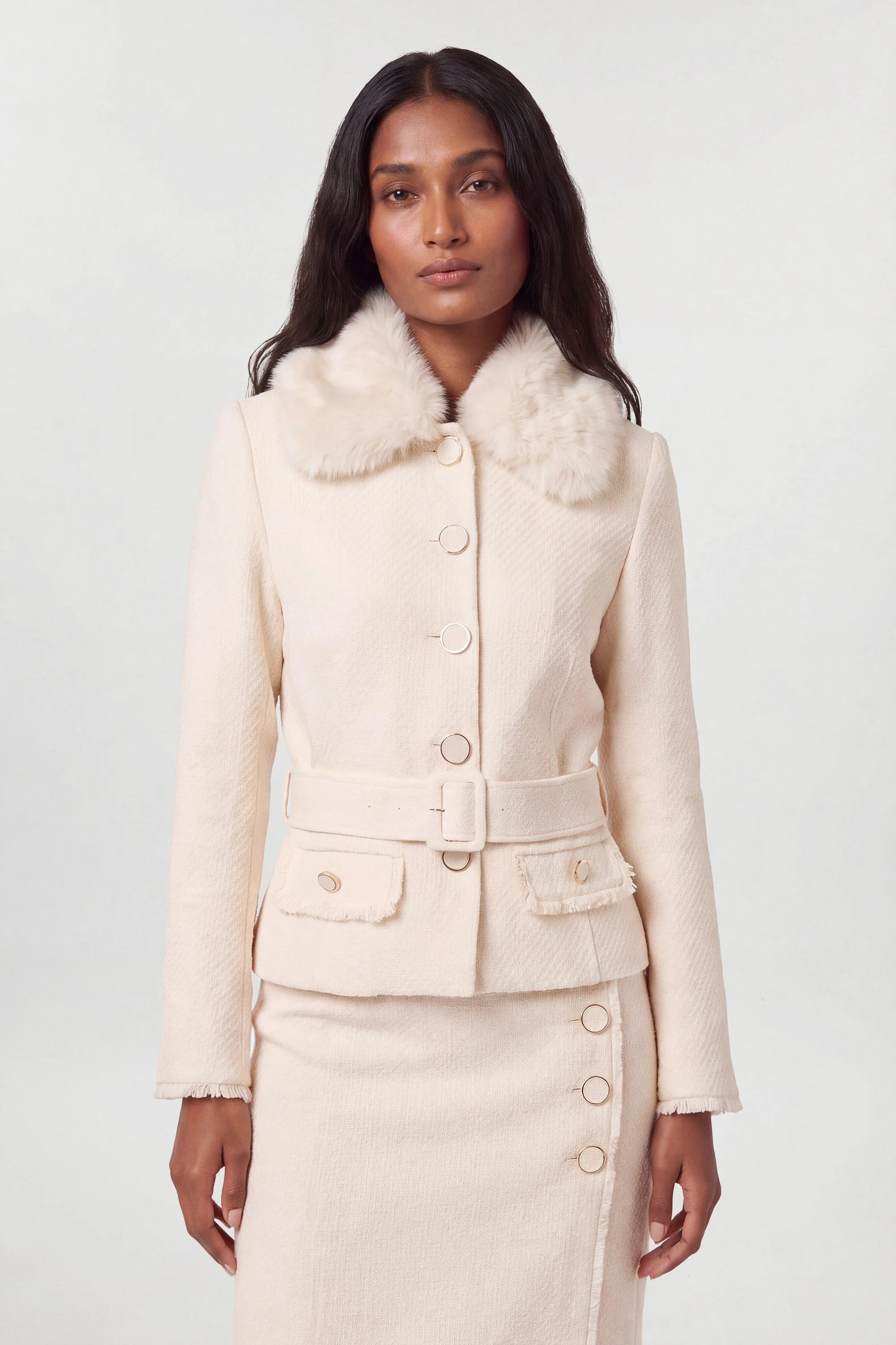 Texture Tweed Detachable Faux Fur Collar Tailored Jacket - 1