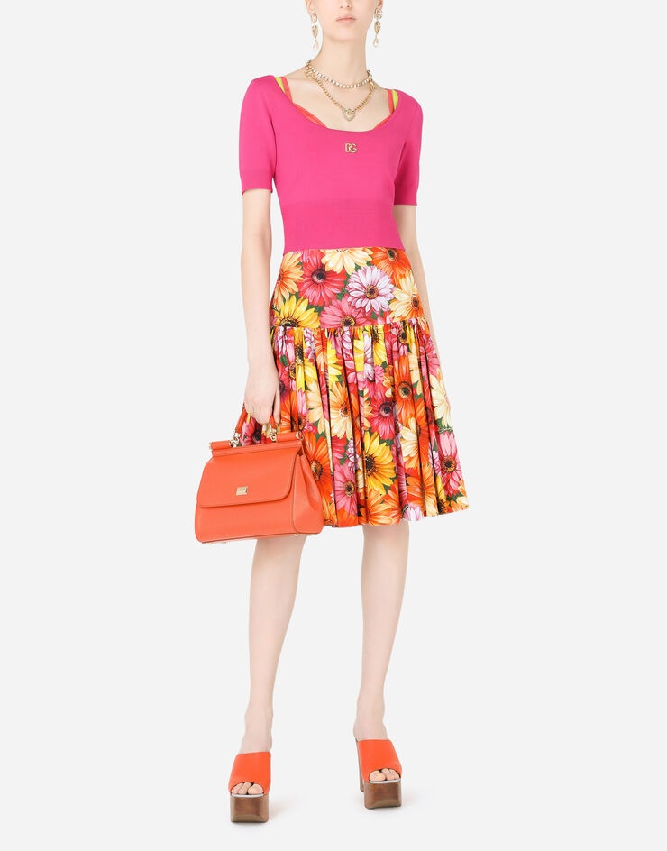 Poplin midi skirt with gerbera-daisy print with high waistband - 6