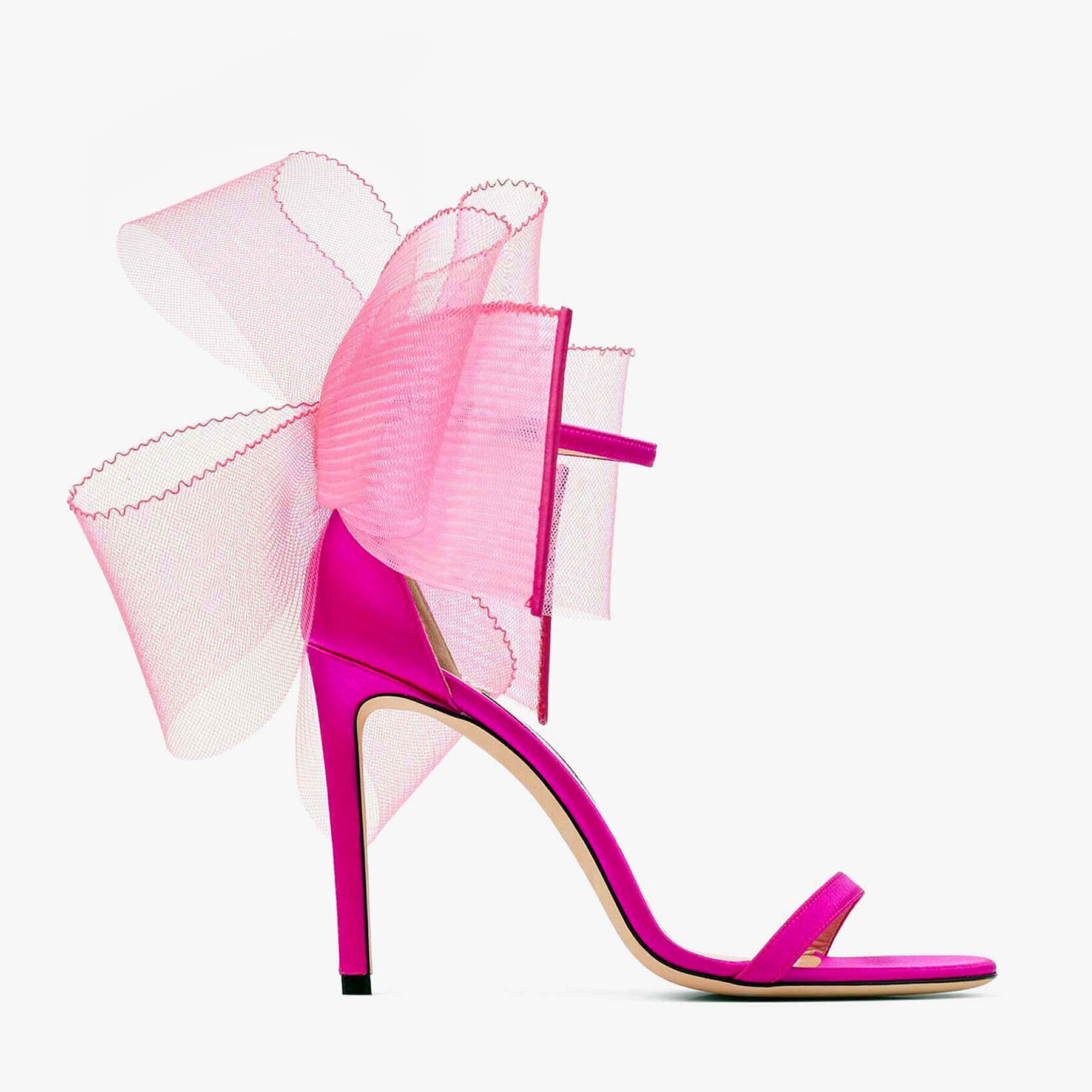 Aveline 100
Fuchsia Sandals with Asymmetric Grosgrain Mesh Fascinator Bows - 1