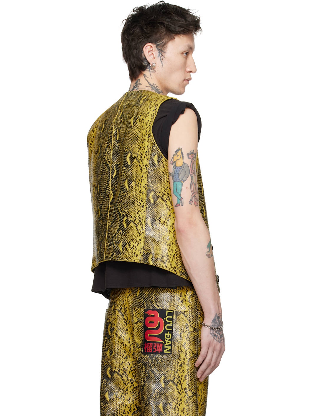Black & Yellow 'Year of the Snake' Embossed Leather Vest - 3