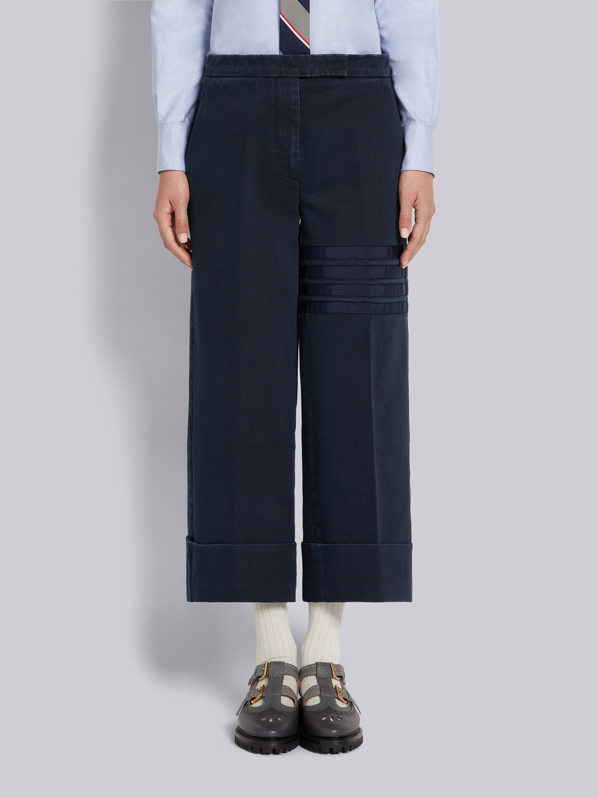 Navy Heavyweight Garment Dyed Cotton Twill Tonal Grosgrain 4-Bar Sack Trouser - 1
