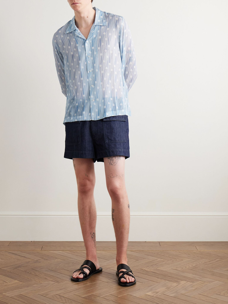 BODE Meridian Camp-Collar Printed Silk-Chiffon Shirt Light blue outlook