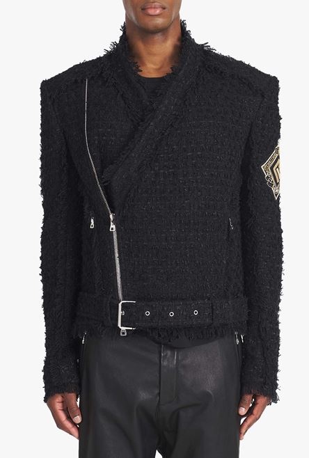 Black tweed jacket with gold-tone Balmain badge - 5