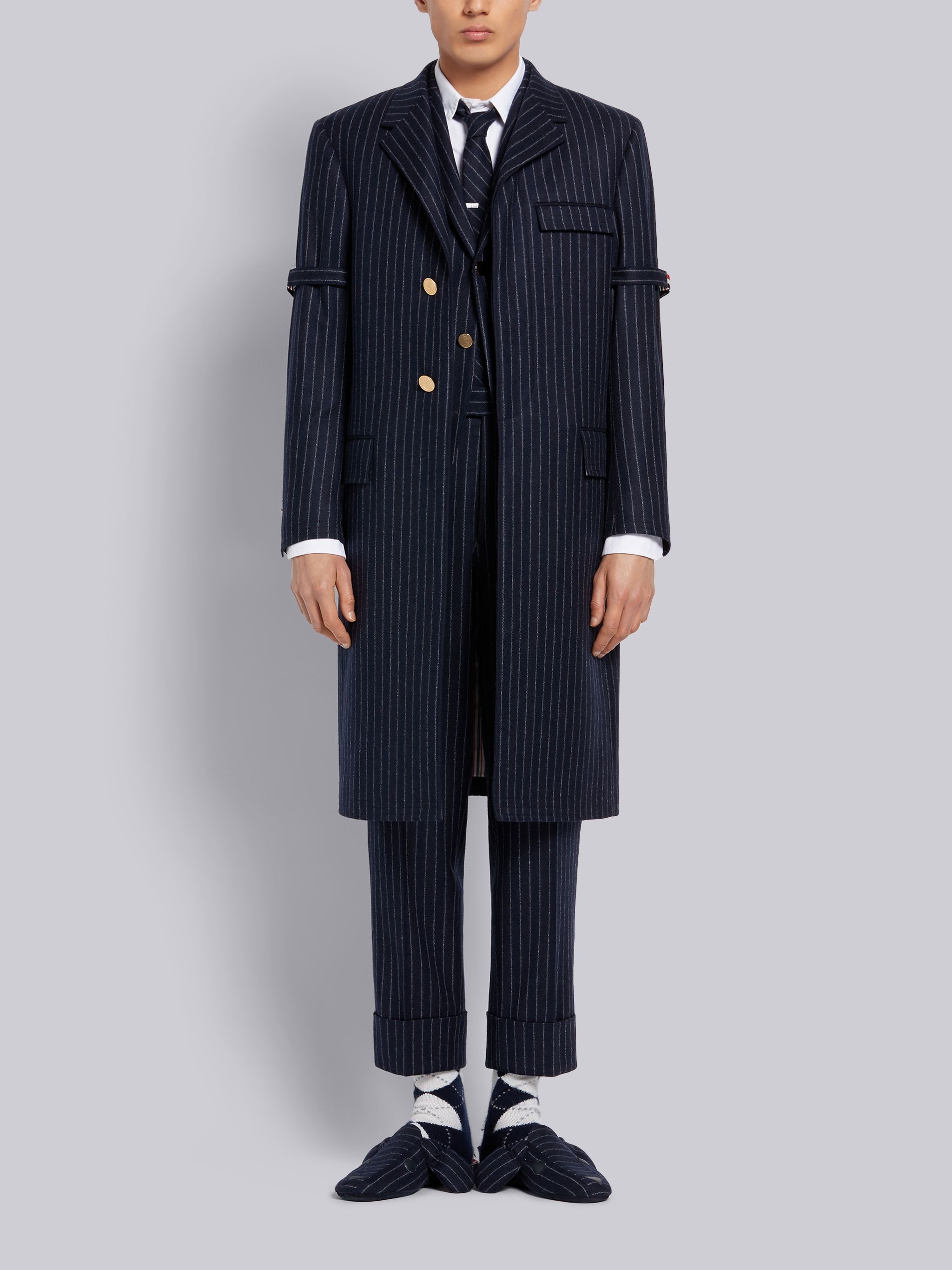 Navy Tonal Chalk Stripe Wool Flannel Armband Classic Jacket - 4