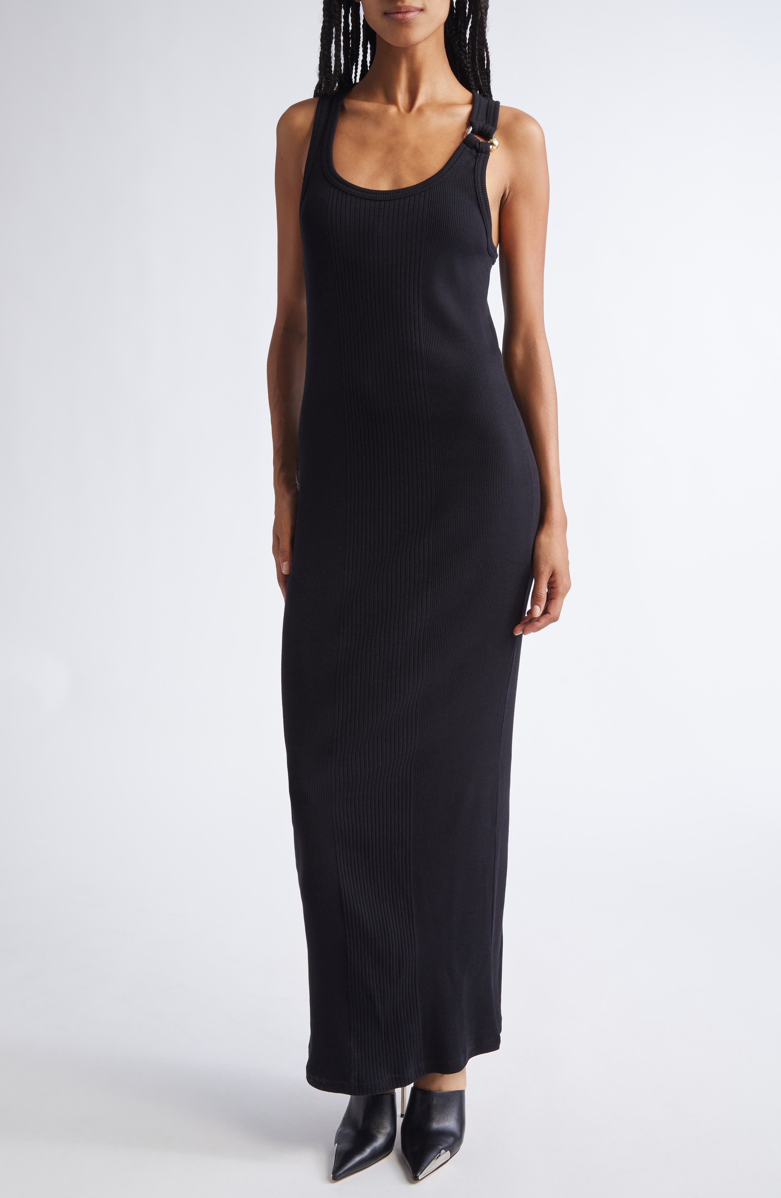 Jean Paul Gaultier Ring Detail Cotton Rib Tank Dress in Black at Nordstrom - 1