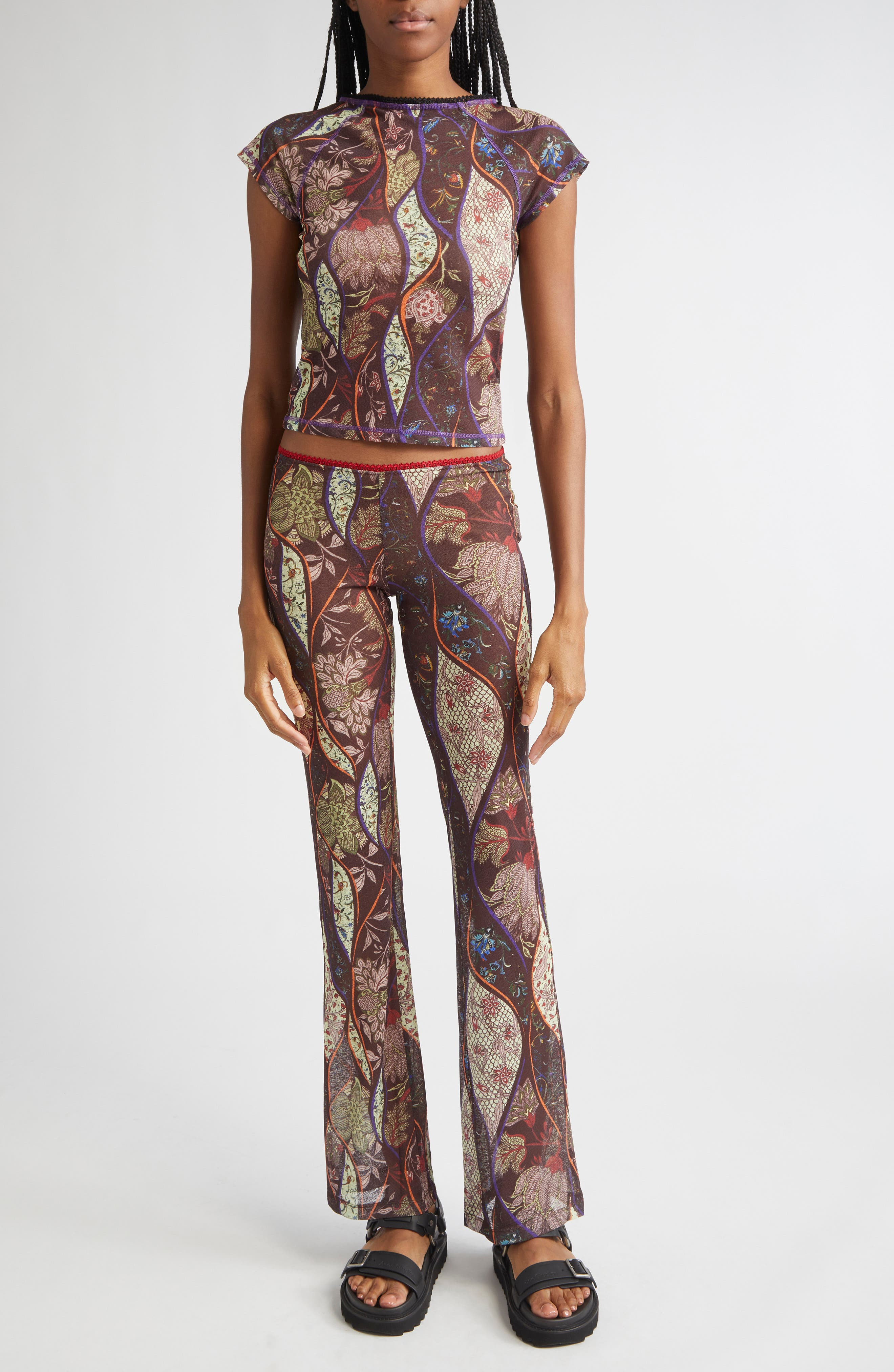 Siedrés Flo Floral Paisley Mesh Flare Pants in Brown Multi at Nordstrom - 2