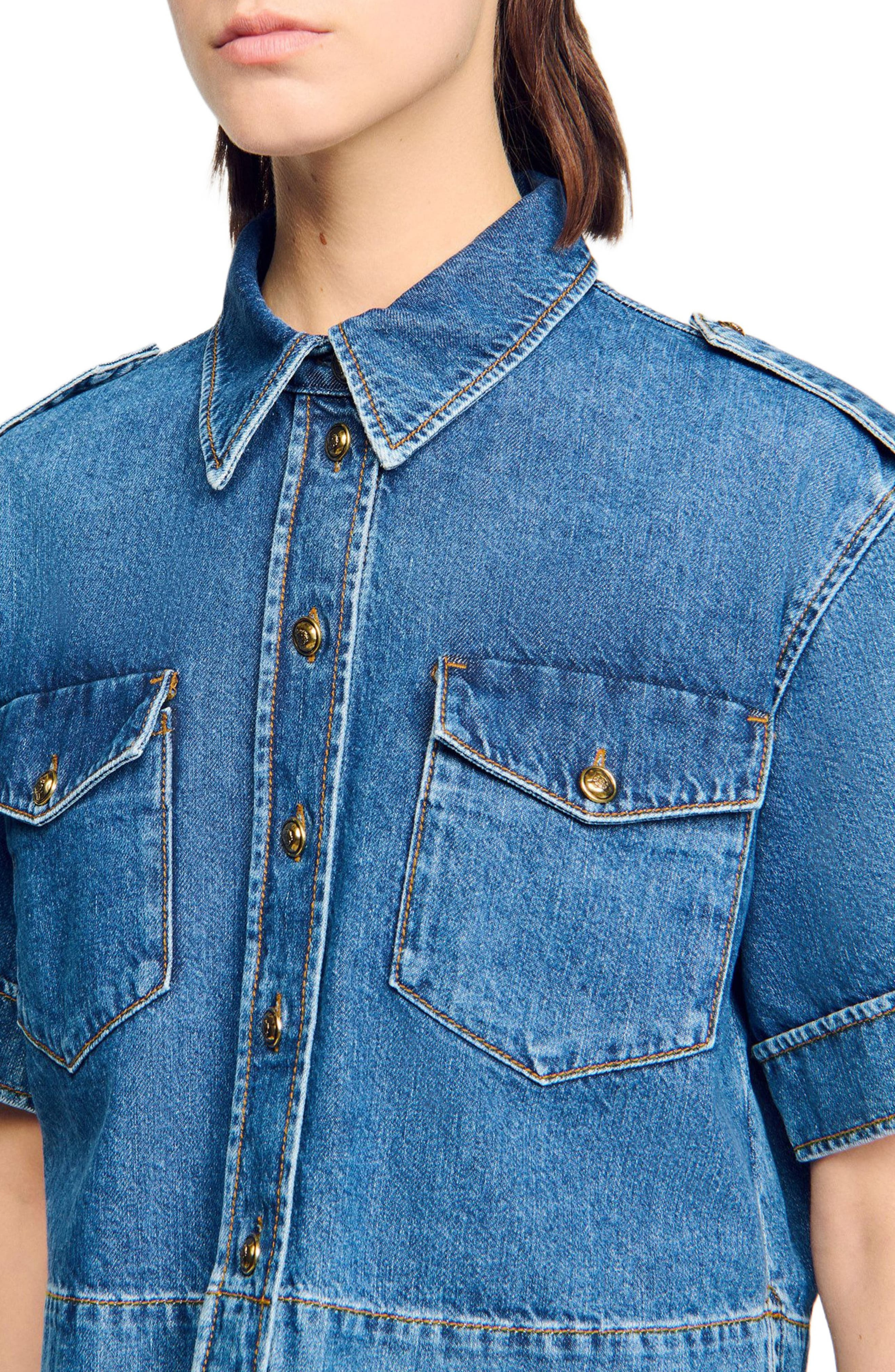SANDRO Cropped denim shirt in Blue Jean at Nordstrom - 4