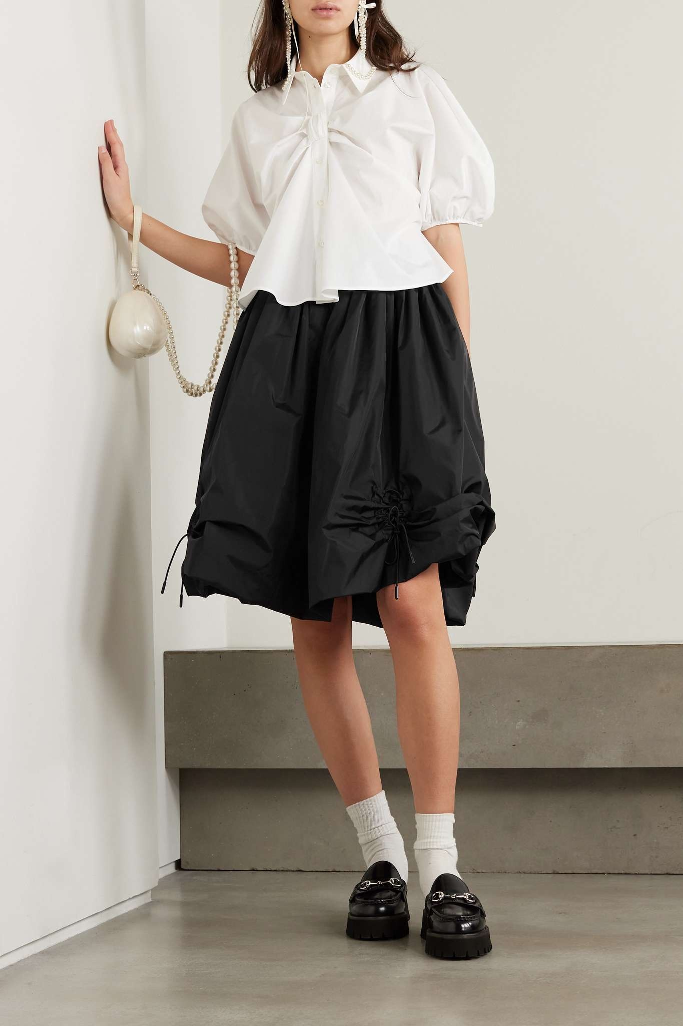 Bow-detailed ruched taffeta midi skirt - 4