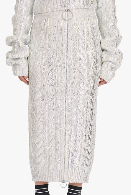 Long high-waisted silvery knit skirt - 5