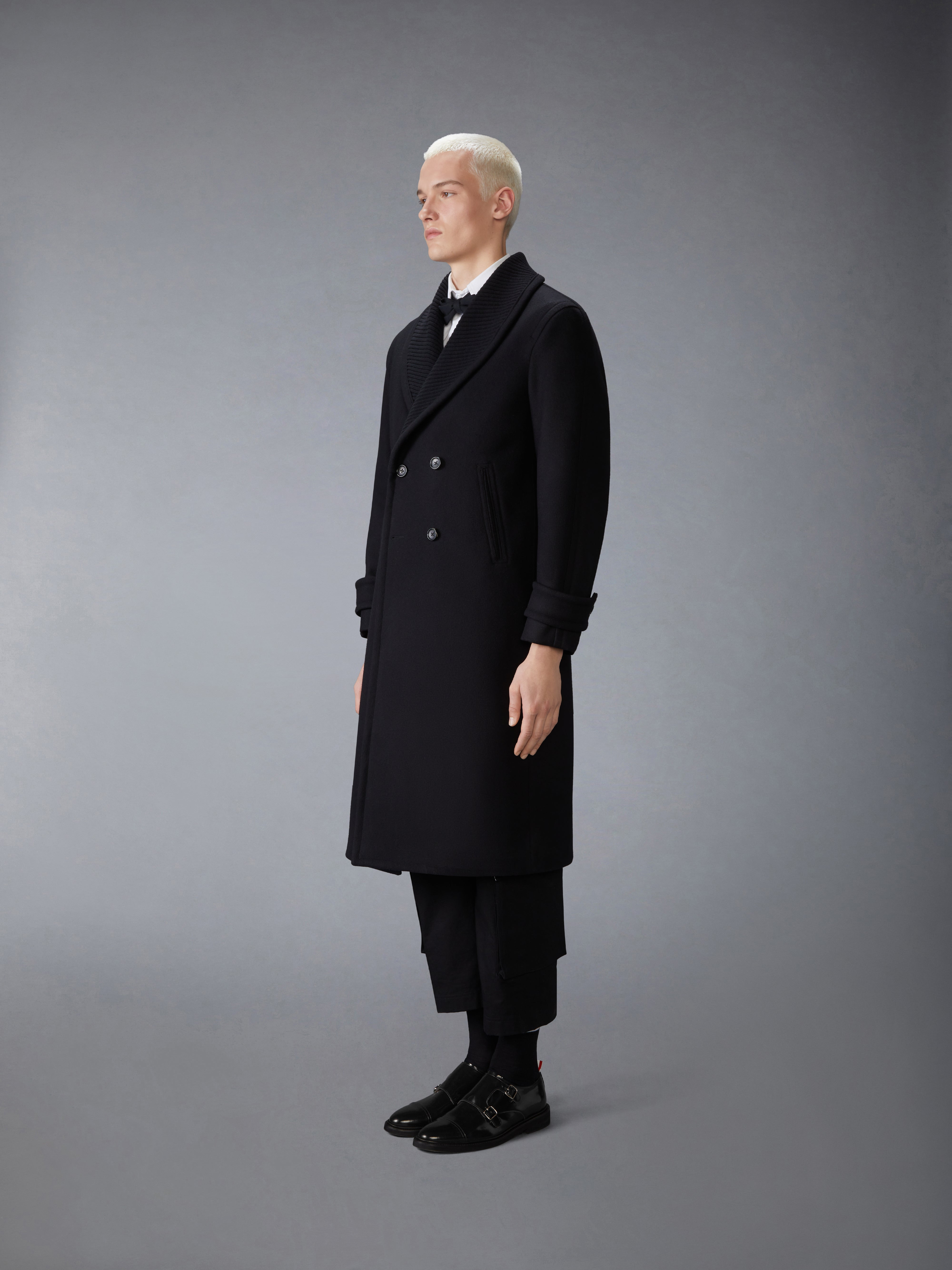 KNIT SHAWL COLLAR MELTON OVERCOAT - 3
