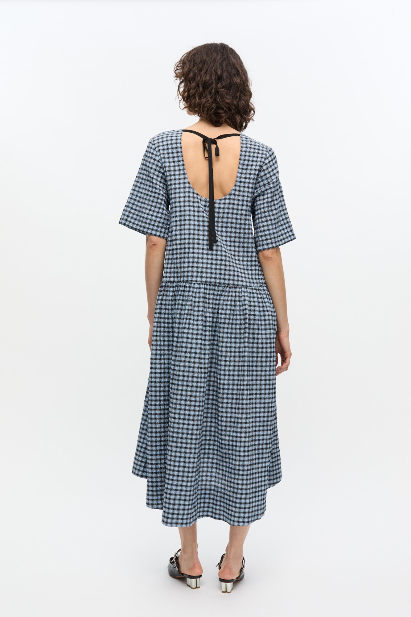 BLUE SEERSUCKER CHECK MIDI DRESS - 3