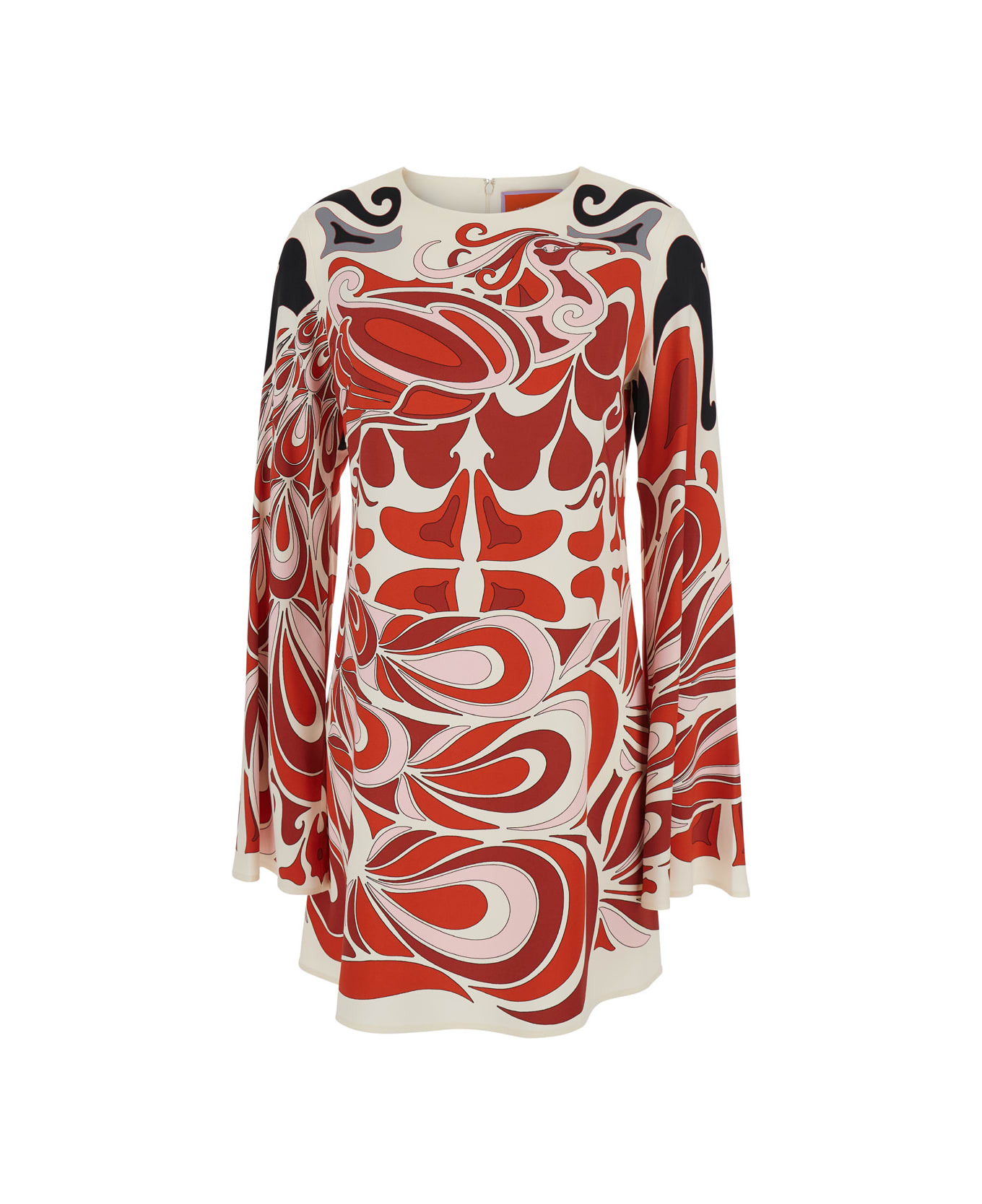 Multicolor Crewneck Mini Dress With Flared Sleeves And All-over Geometric Motif In Viscose Stretch W - 1