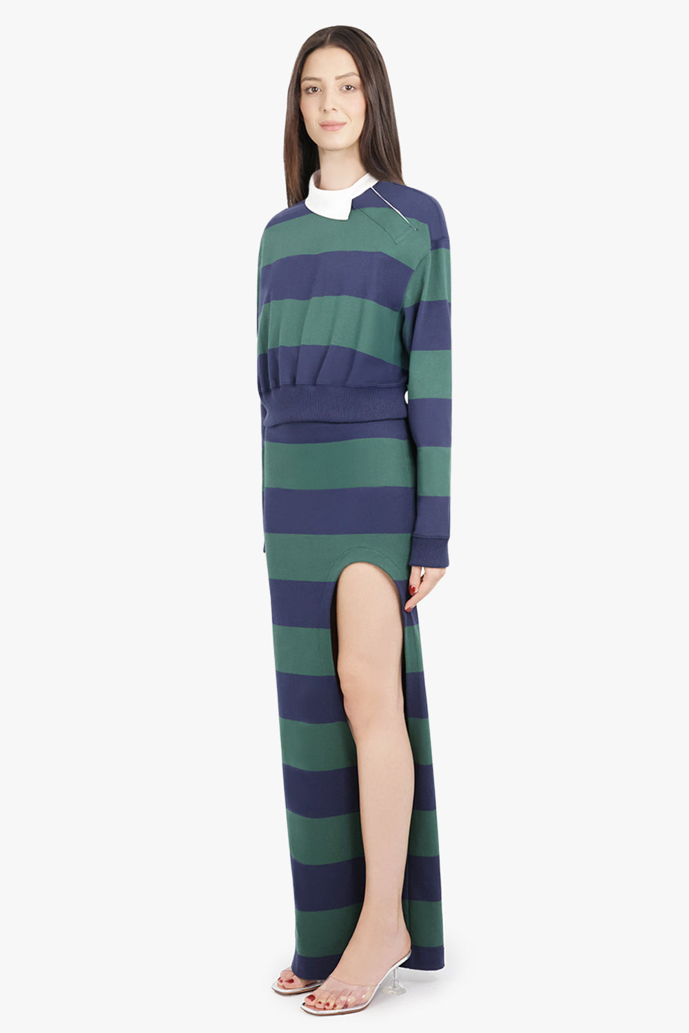 CUT OUT STRIPE PENCIL MAXI SKIRT | GREEN/NAVY - 2