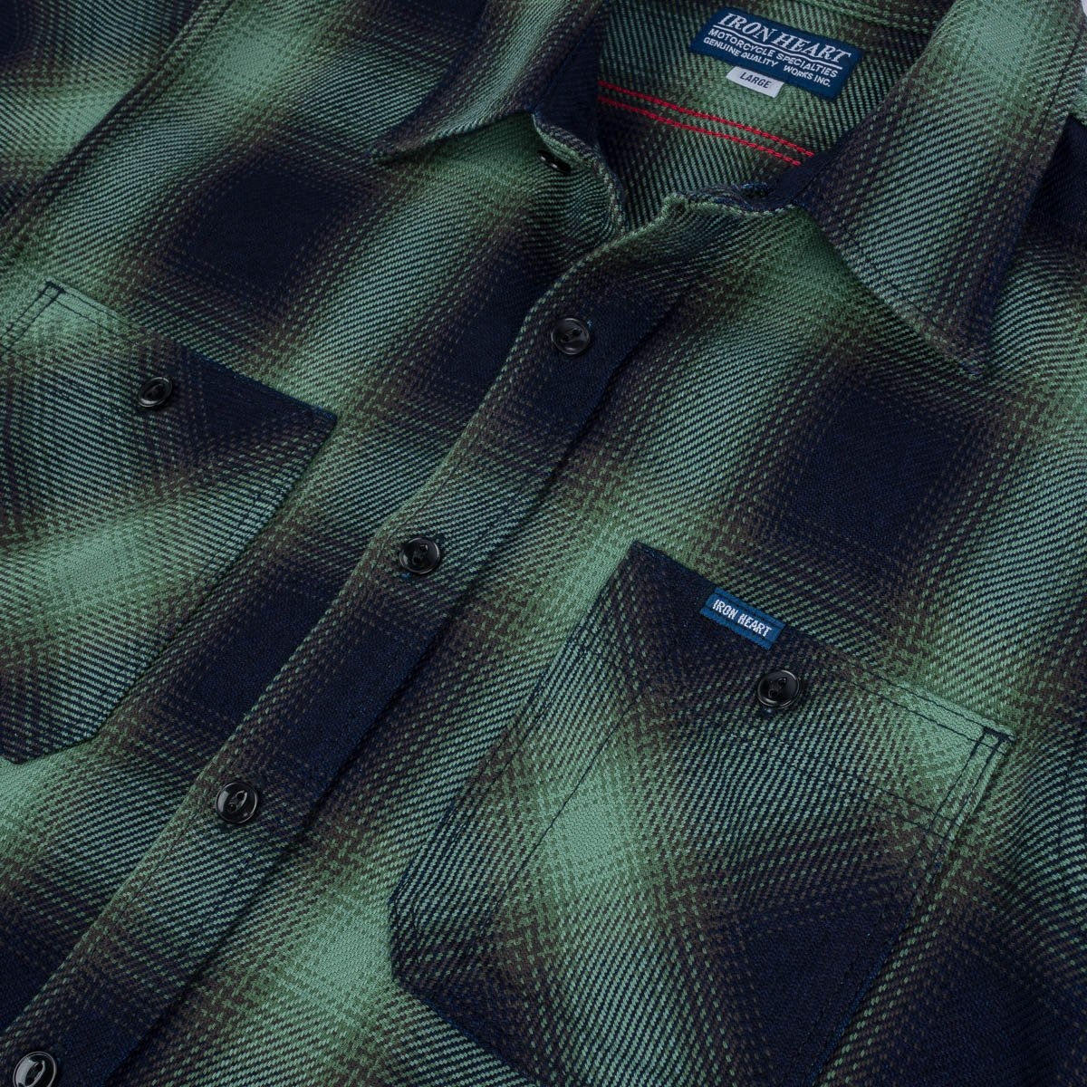 IHSH-349-GRN 9oz Selvedge Ombré Check Work Shirt - Green - 9