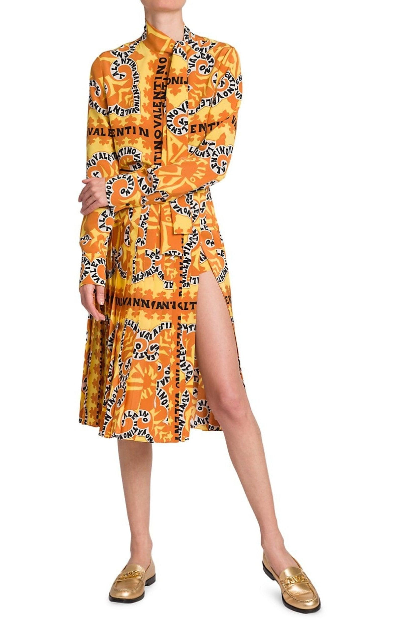 Pleated Logo Print Silk Midi Skirt - 2