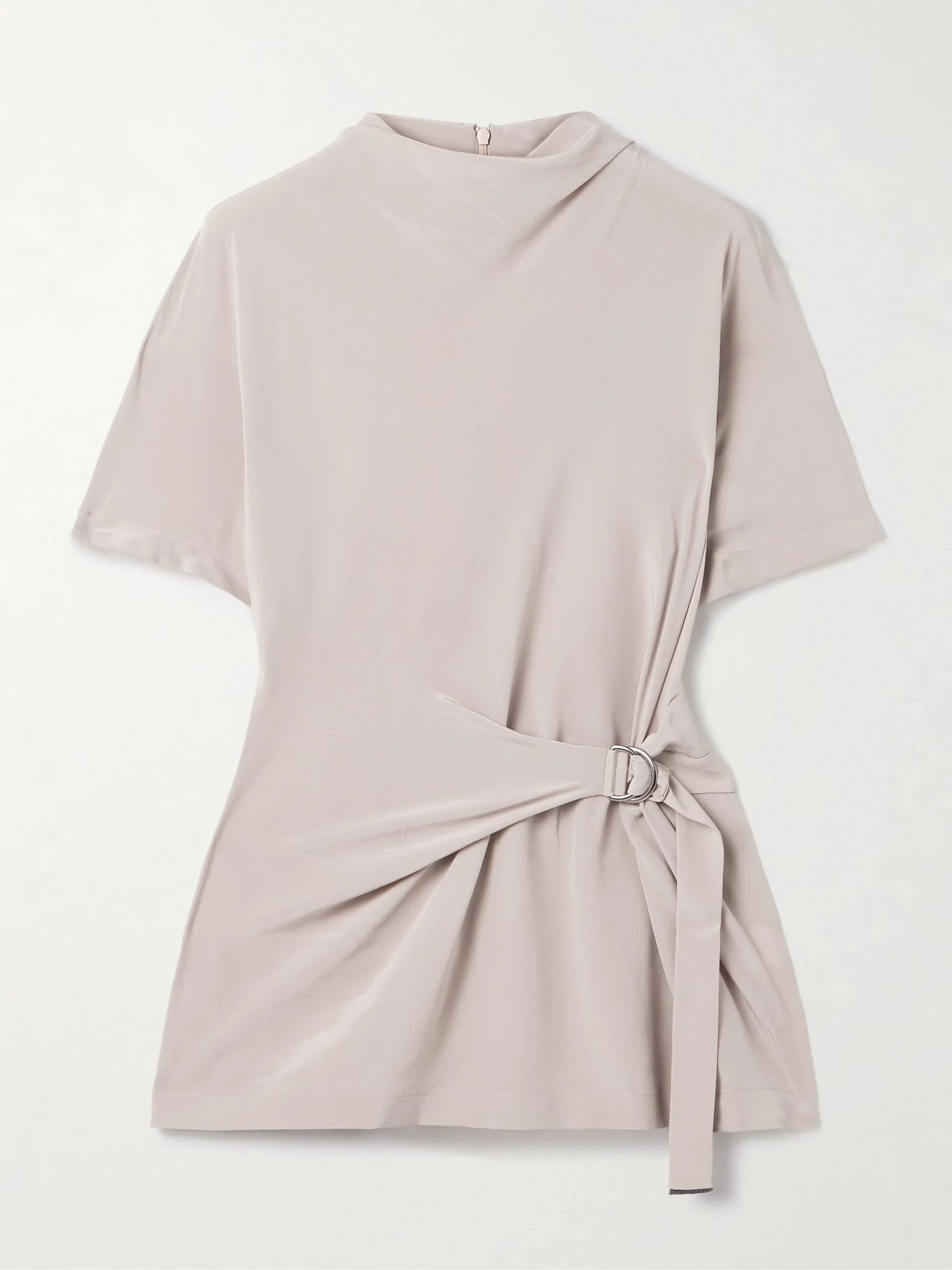 Buckle-embellished draped silk crepe de chine top Mushroom - 1