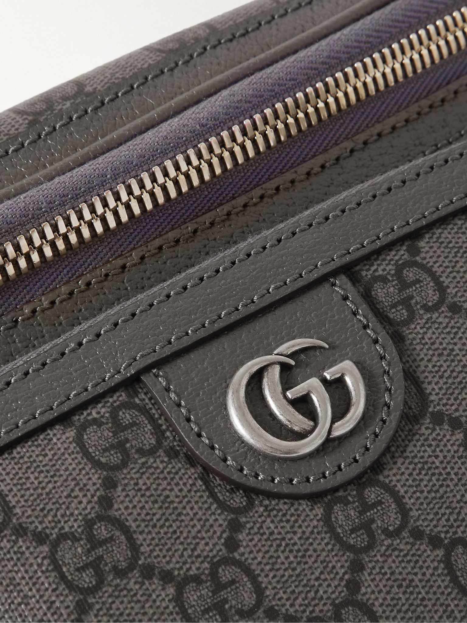 Ophidia Leather-Trimmed Monogrammed Coated-Canvas Belt Bag Gray - 4