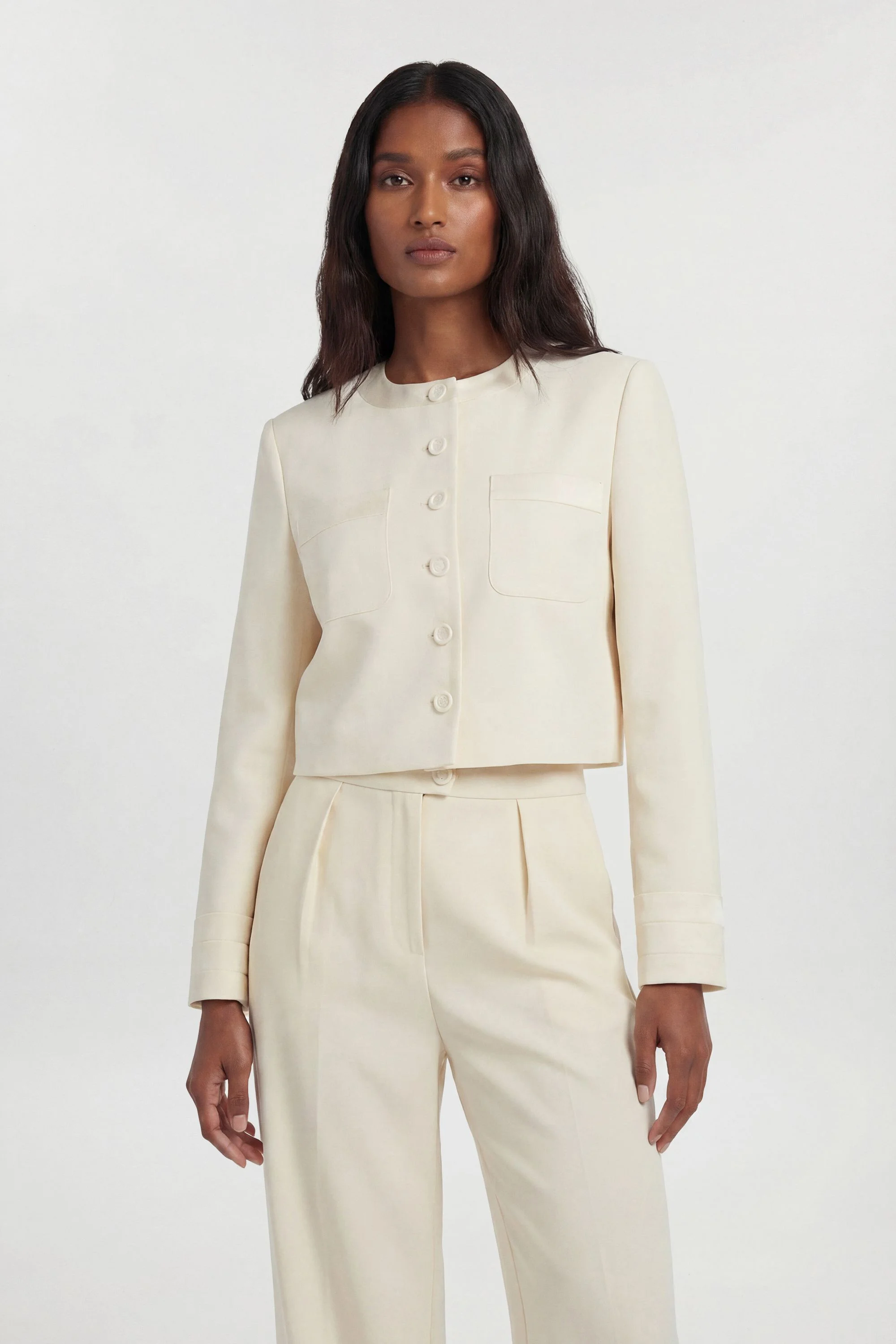 Petite Satin Tux Tailored Collarless Cropped Blazer - 1