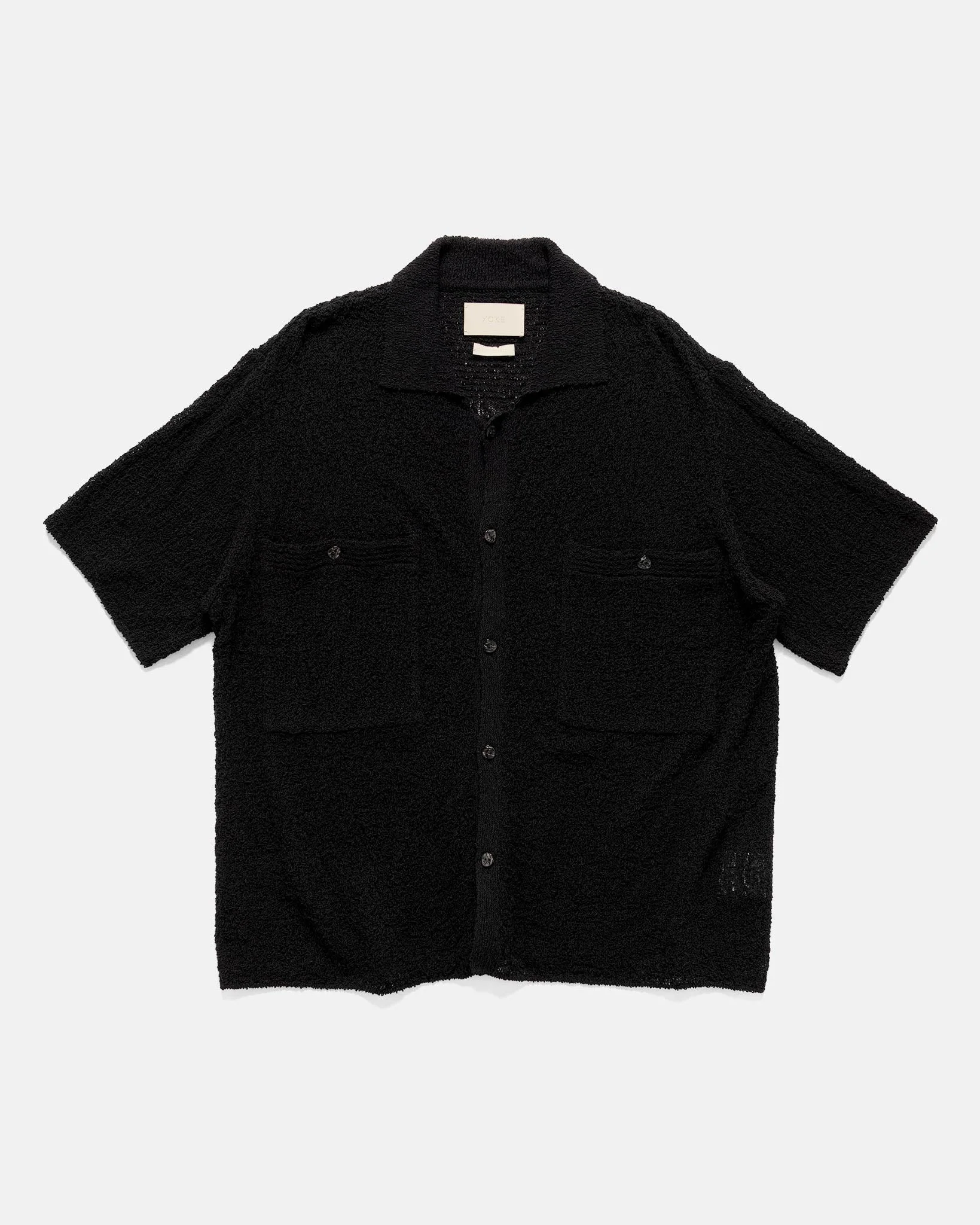 Cotton Sheer Knit Open Collar Shirt Black - 1
