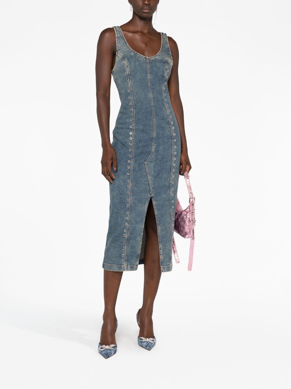 eyelet-embellished denim midi dress - 2