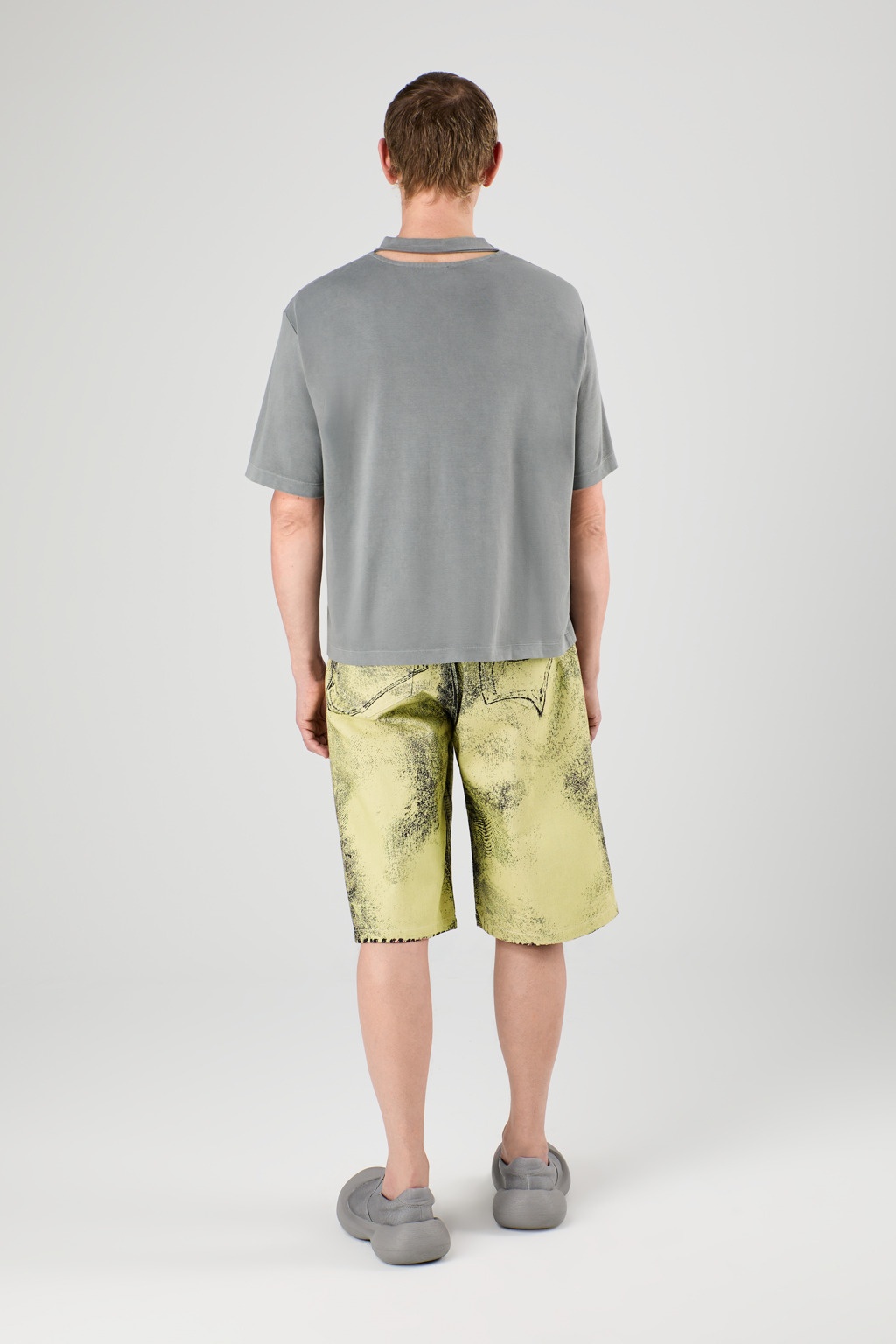 Yellow-Black Distorted Print Denim Shorts - 5