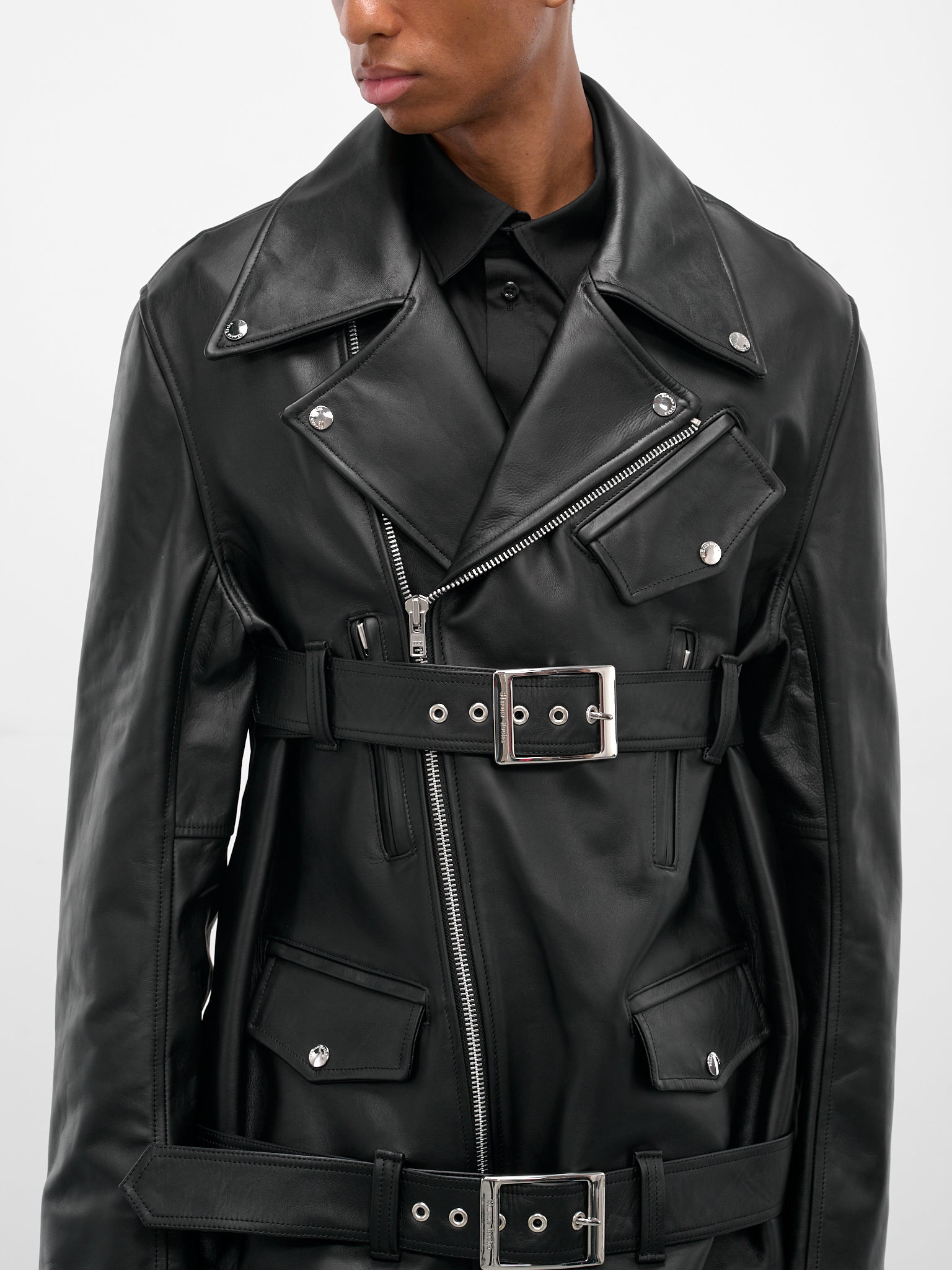 Black Leather Belted Biker Jacket - 5