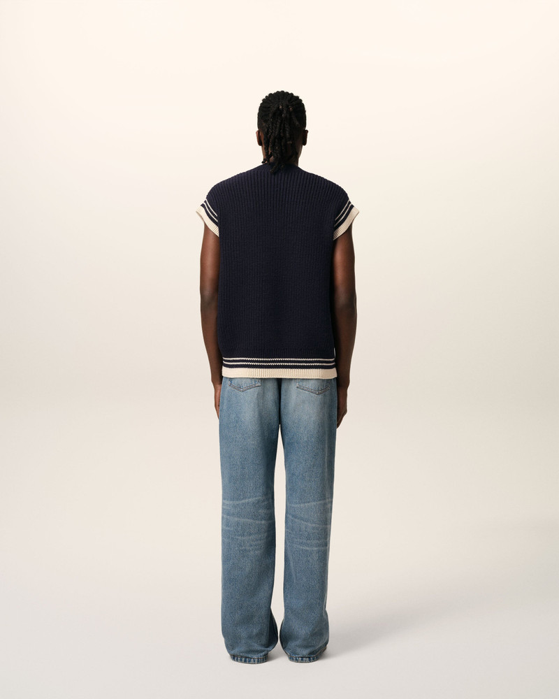 NAVY WOOL RIBBED SLEEVELESS V NECK SWEATER 5