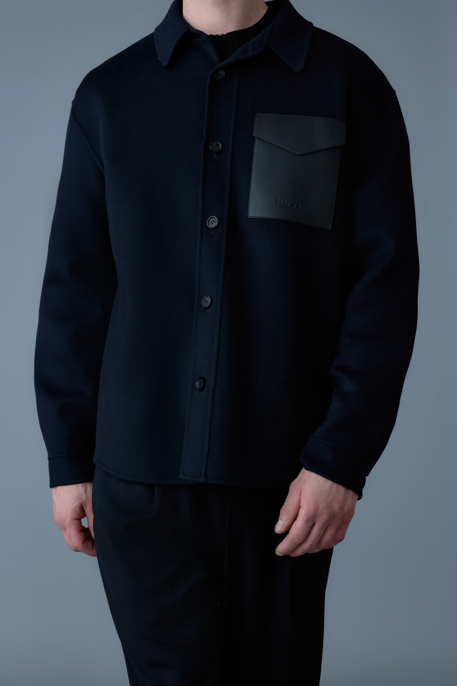 EMMANUEL Double-face wool overshirt with leather patch pocket - 5