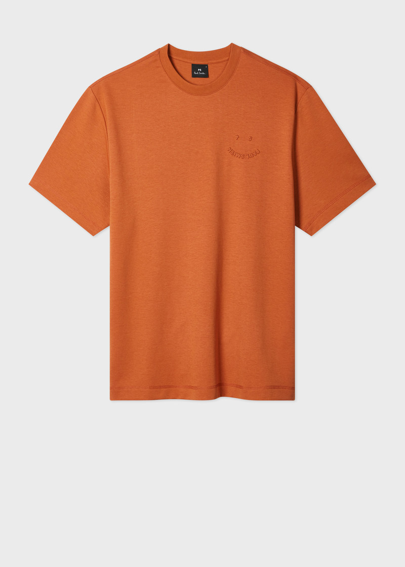 Casual-Fit Rust Orange Embossed 'Happy' T-Shirt 1
