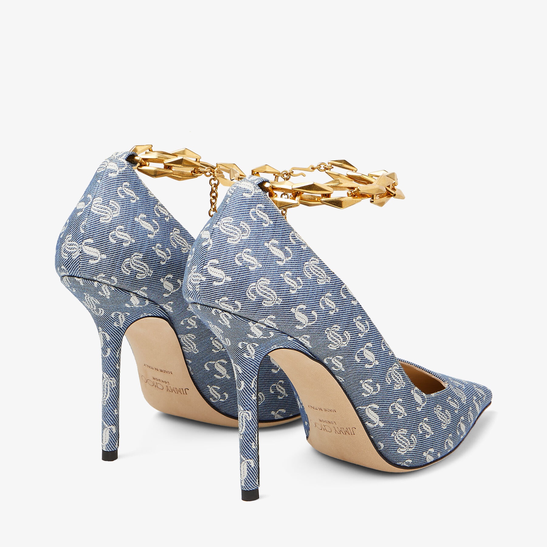 JIMMY CHOO Diamond Talura 100 Denim JC Monogram Pumps with Chain