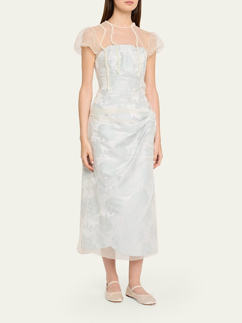 Embellished Tulle Layered Floral-Jacquard Midi Dress 4