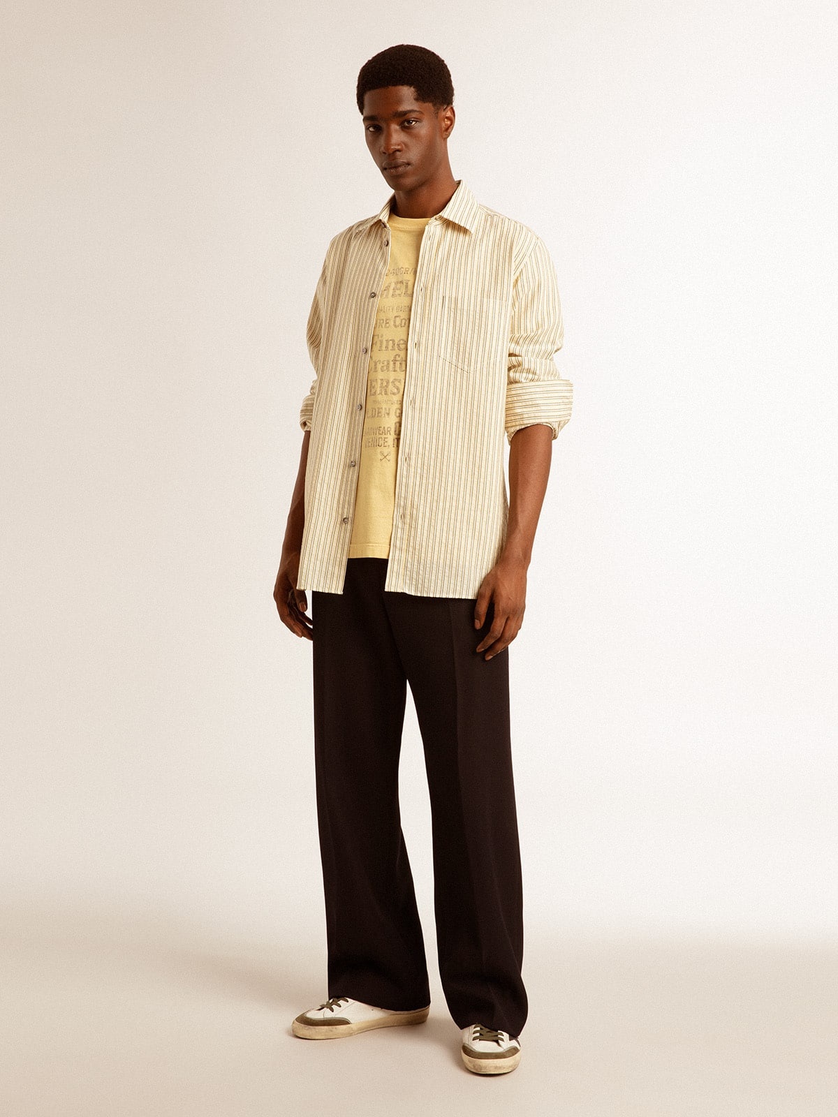 Men’s ecru cotton shirt with narrow black stripes - 3