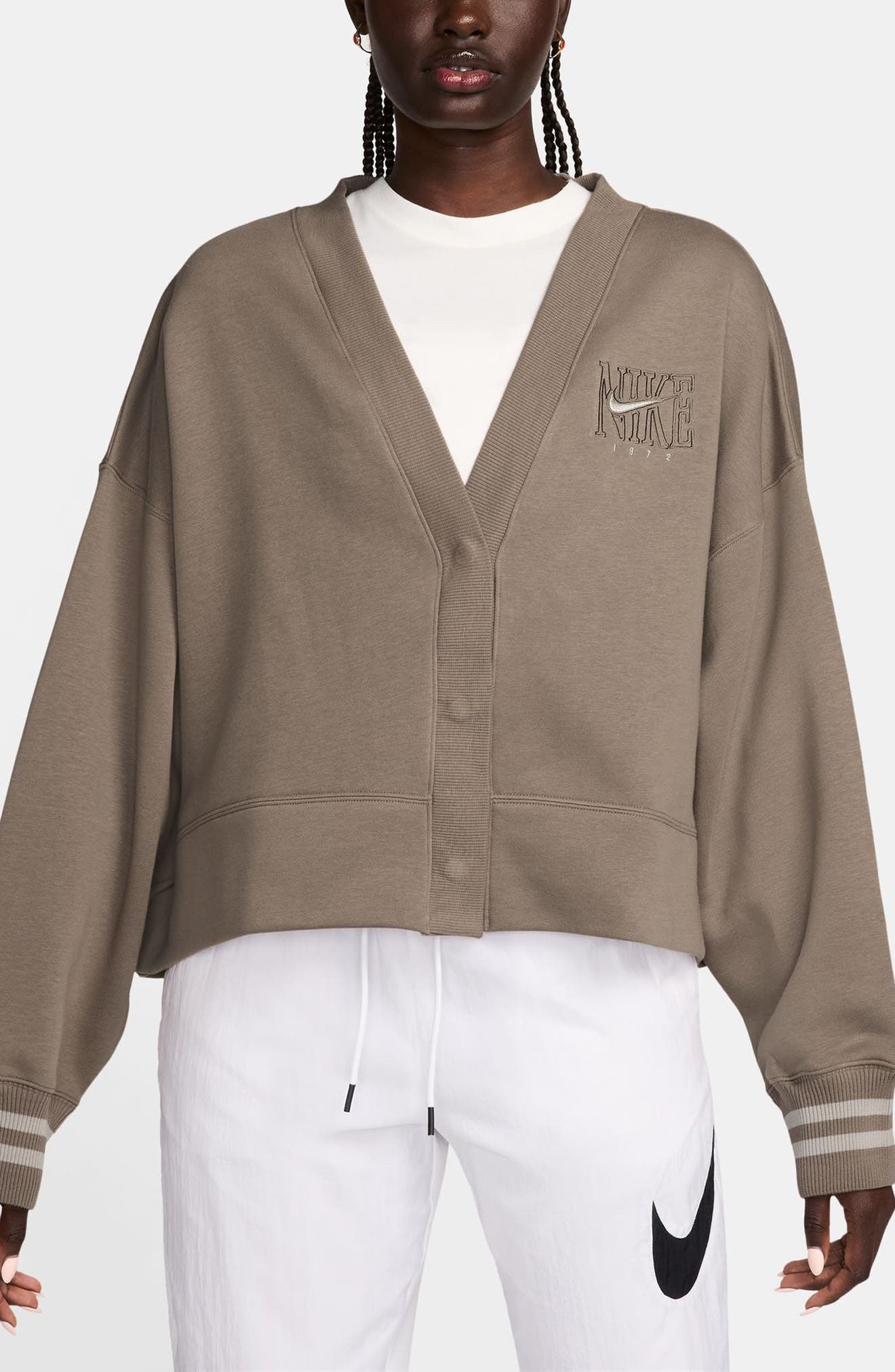 Nike Sportswear Phoenix Embroidered Oversize Fleece Cardigan in Mink Brown at Nordstrom - 1