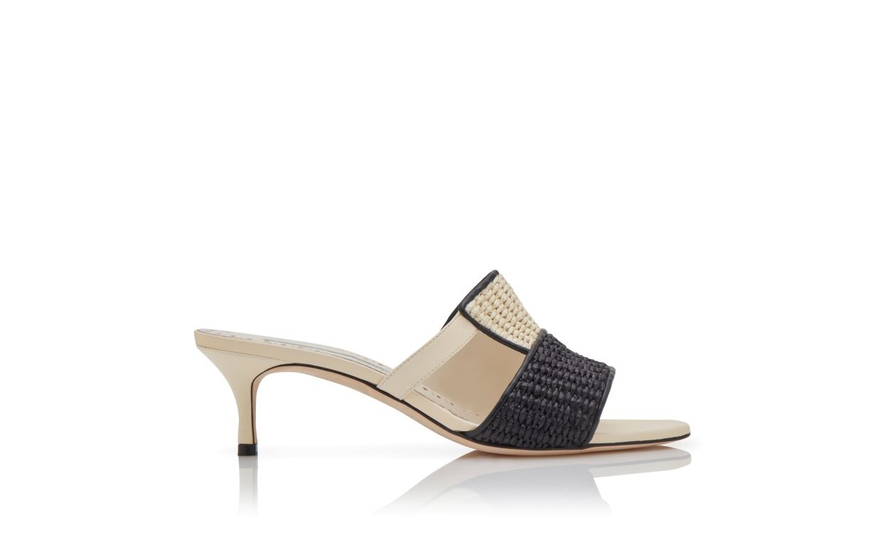 Cream and Black Raffia Open Toe Mules - 1