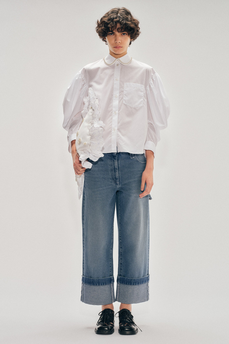 Beaded Boxy Draped Sleeve Round Collar Shirt 1
