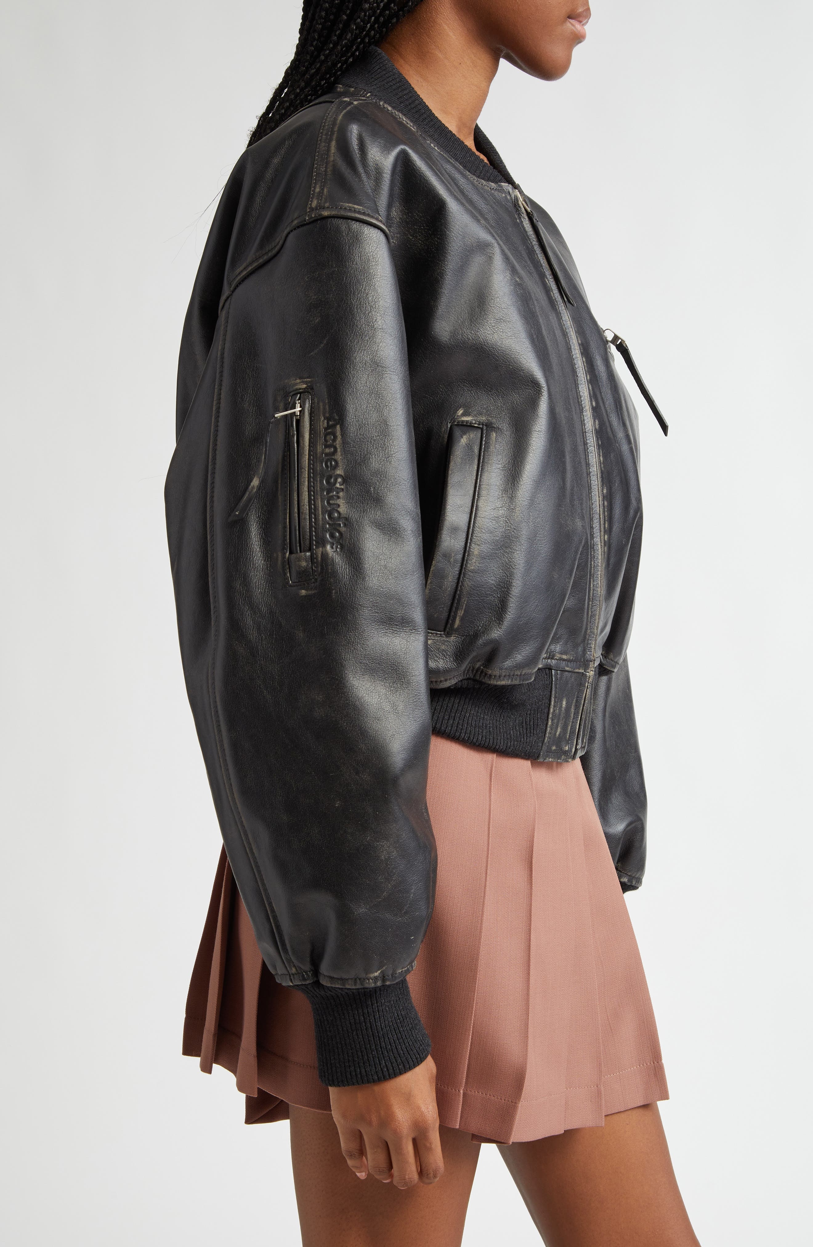 Acne Studios Leather Bomber Jacket in Black at Nordstrom - 4