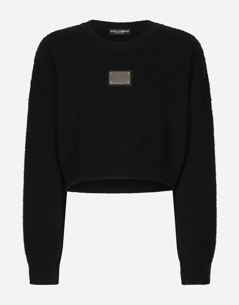 Wool and cashmere round-neck sweater with logo tag 1