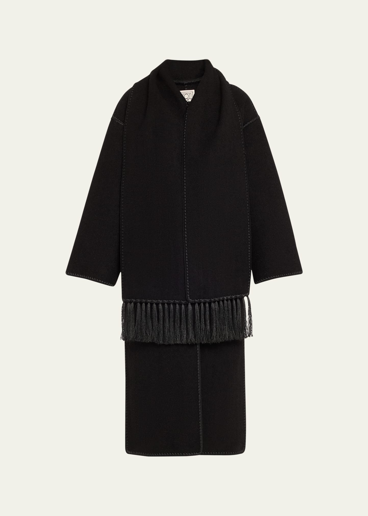 Fringe Embroidered Scarf Wool Coat - 1